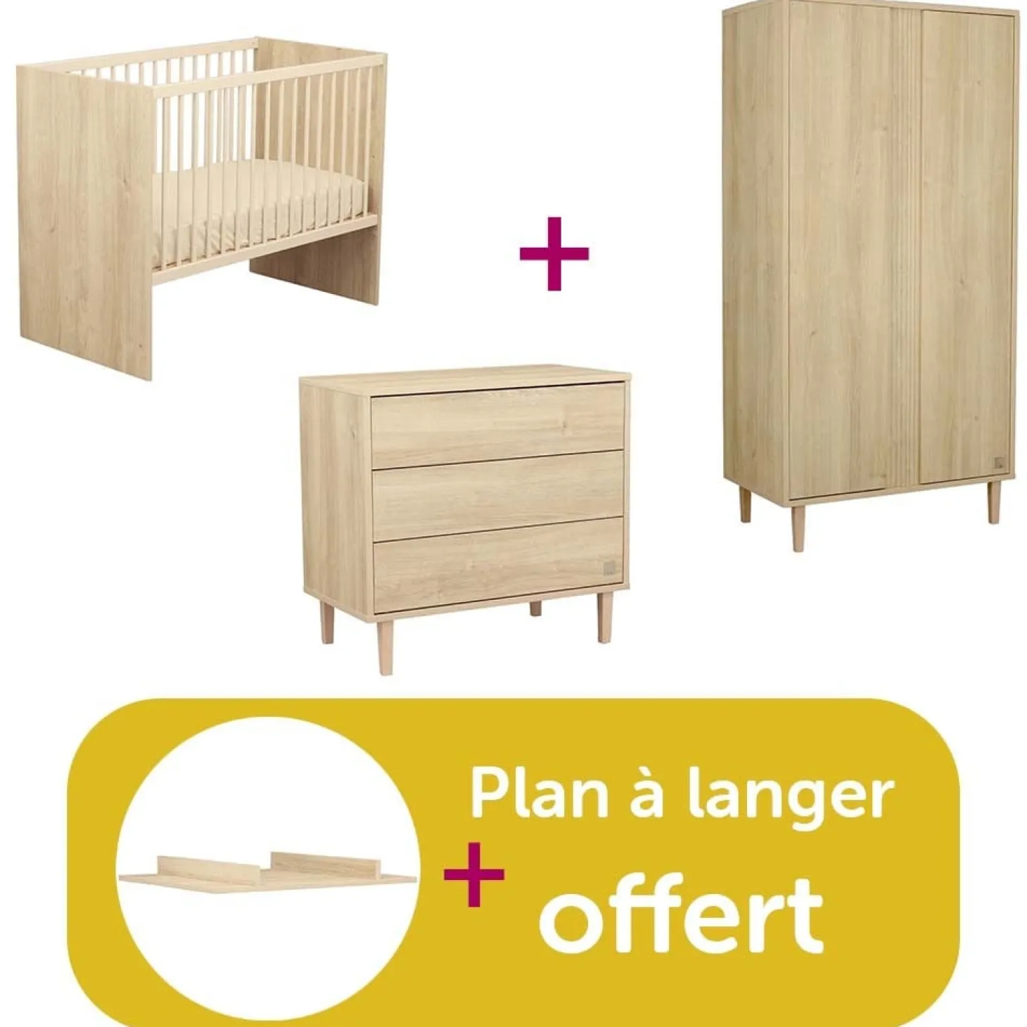 Chambre bébé complète Paloma : Lit 60x120 bébé bois, Commode 3 tiroirs,Armoire 2 portes,Plan à langer bois offert de Sauthon