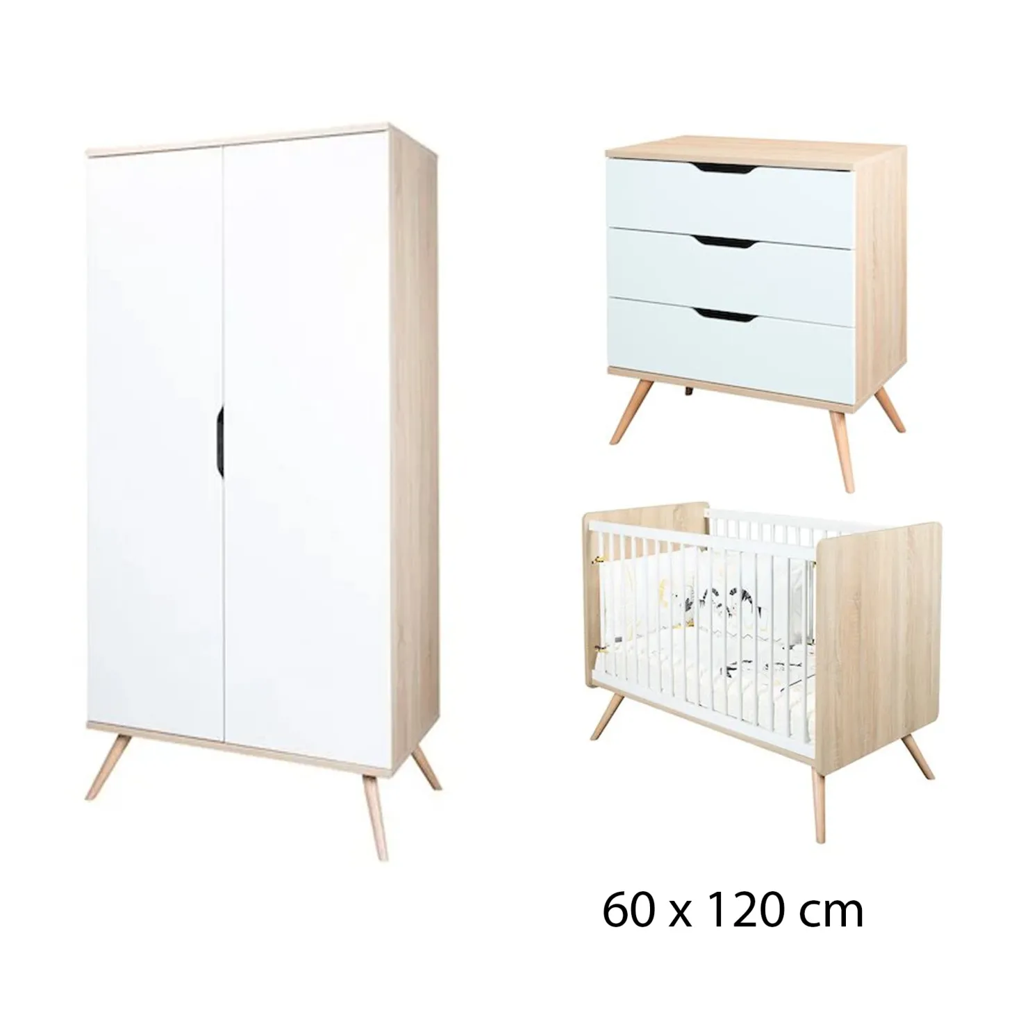 Chambre bébé complète Sixties : Lit bébé 60x120 cm Bois Chêne doré / Blanc, Commode 3 Tiroirs , Armoire 2 Portes de Sauthon
