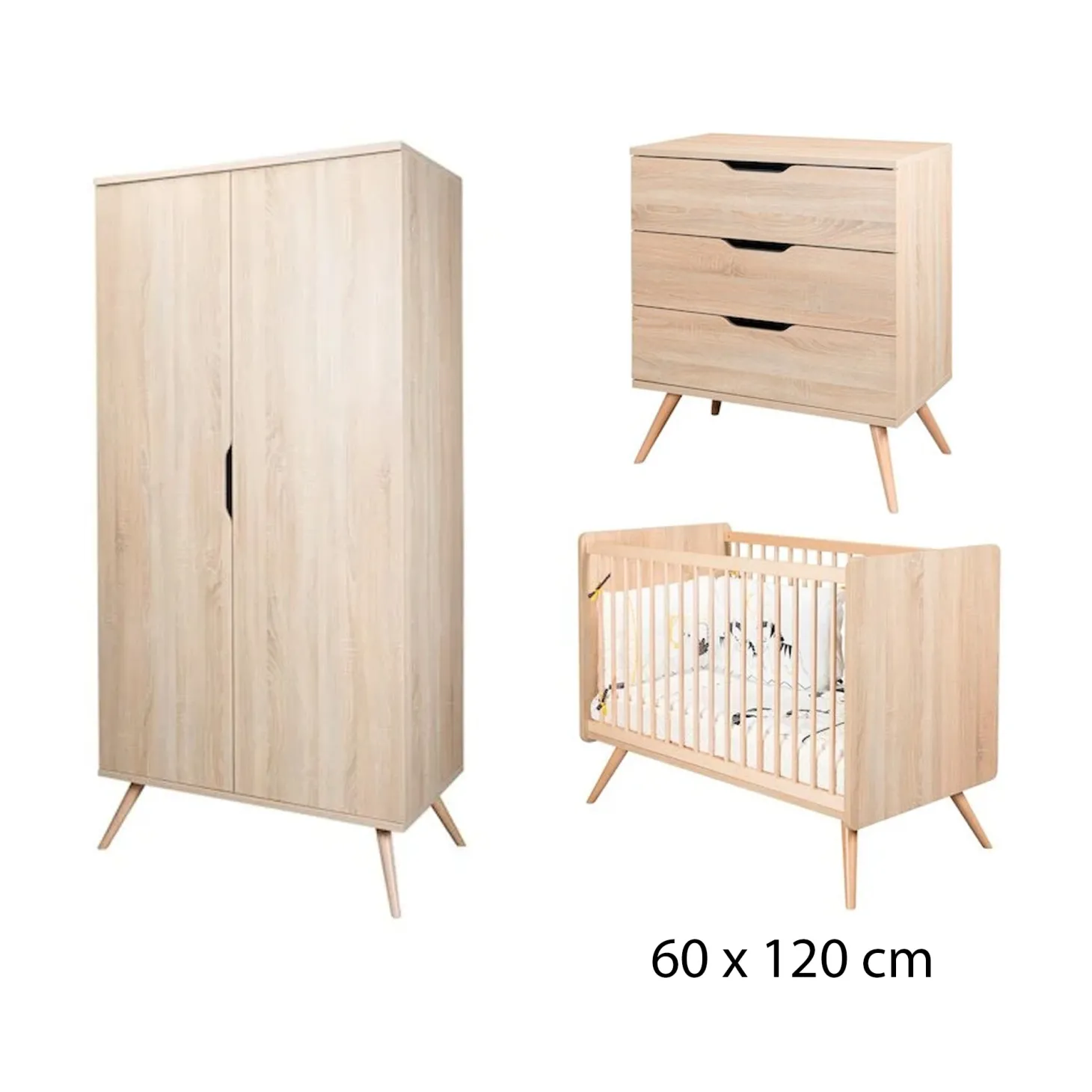 Chambre bébé complète Sixties : Lit bébé 60x120 cm Bois Chêne doré, Commode 3 Tiroirs Bois Chêne doré, Armoire 2 Portes Bois Chêne doré de Sauthon