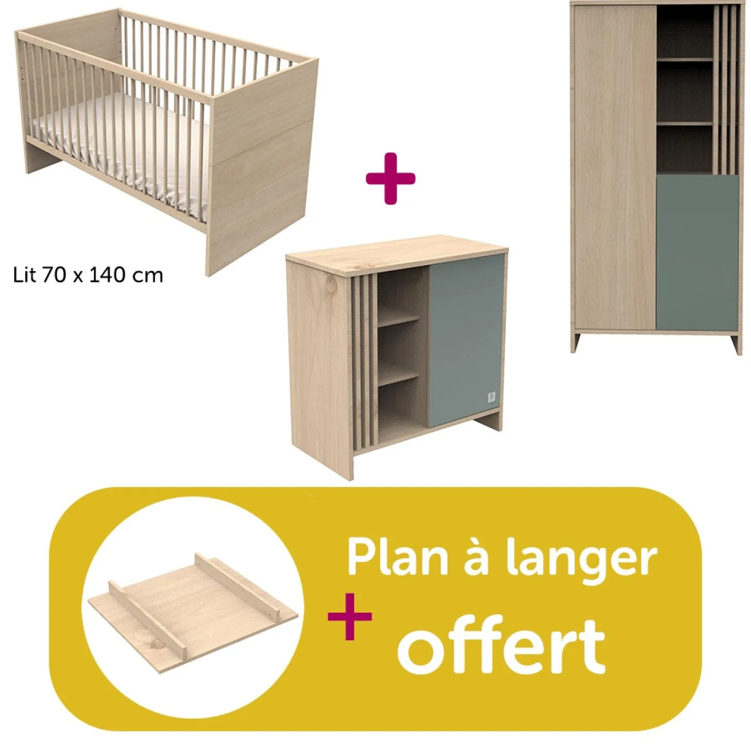 Chambre bébé complète Tokyo : lit 140x70 commode , Amoire plan offert de Sauthon