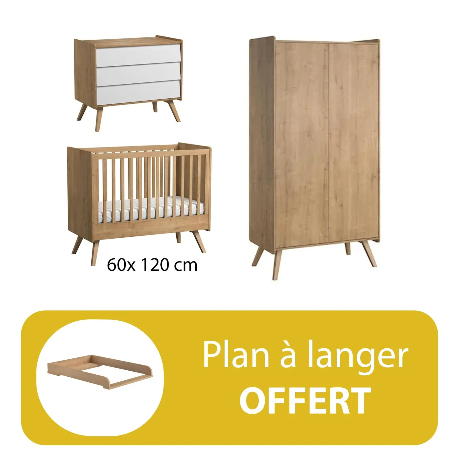 Chambre bébé complète : Vintage bois blanc lit 60x120 + plan offert de Vox