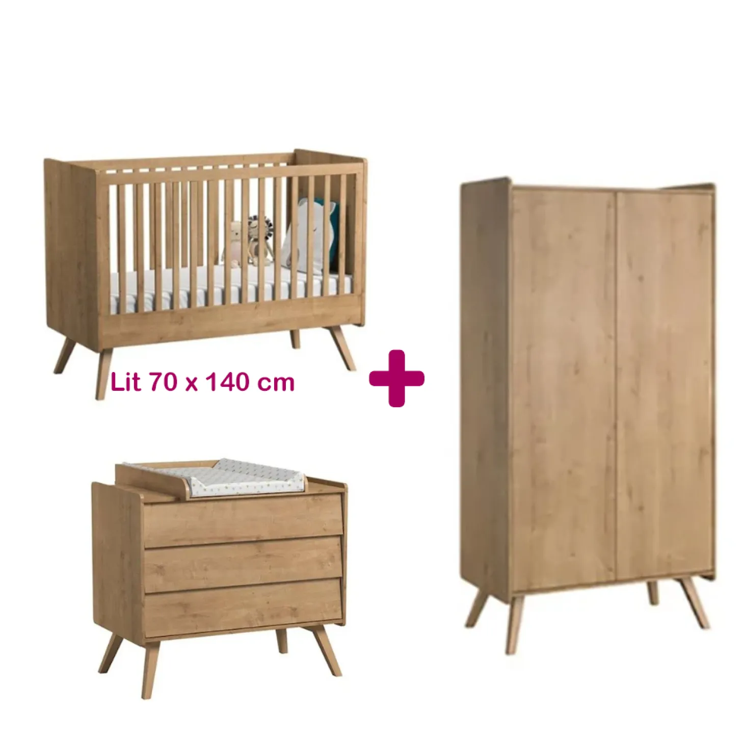 Chambre bébé complète Vintage : Lit 70x140, commode Bois, armoire, plan à langer de Vox