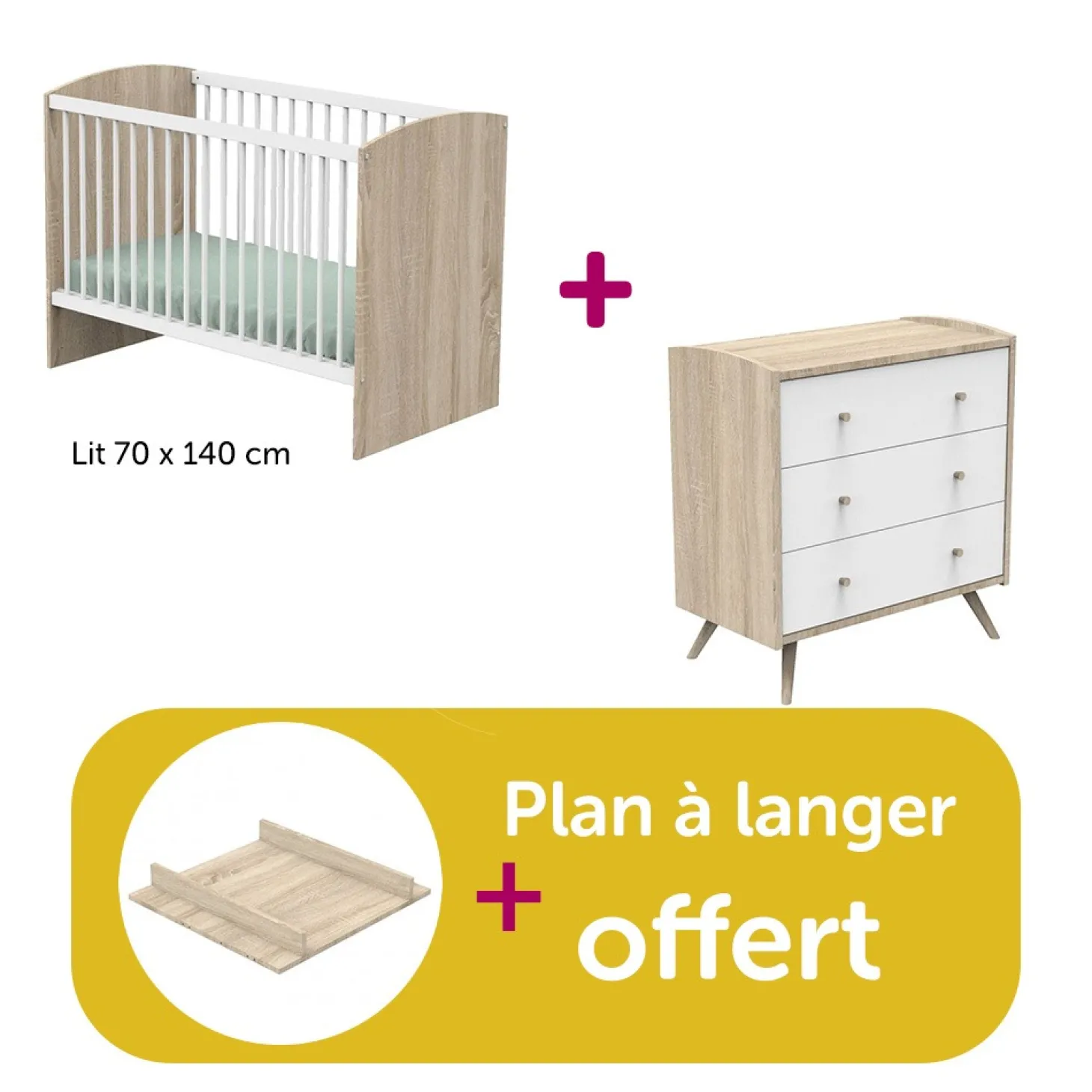 Chambre bébé duo Access blanc : lit 70x140, commode, plan à langer offert de Sauthon