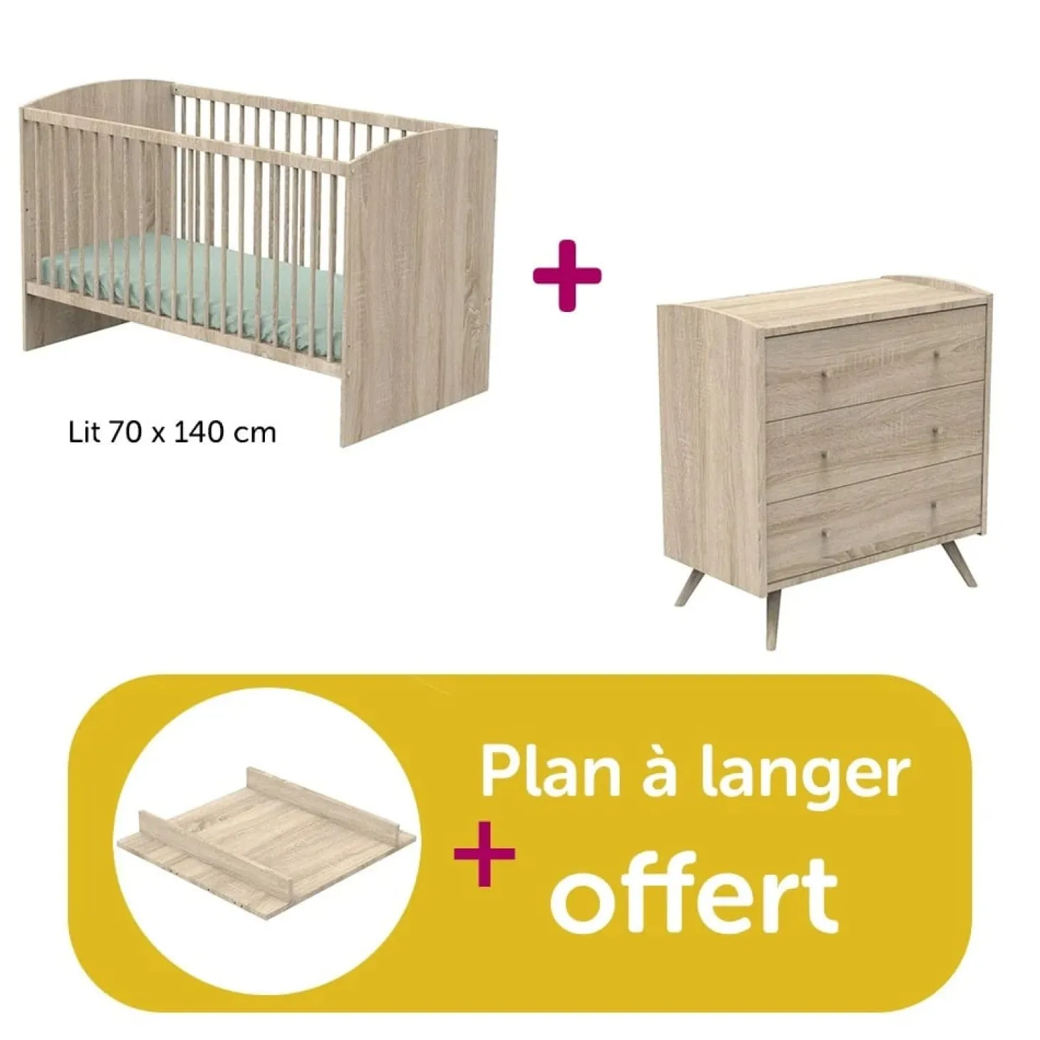 Chambre bébé duo Access bois : lit 70x140, commode, plan à langer offert de Sauthon