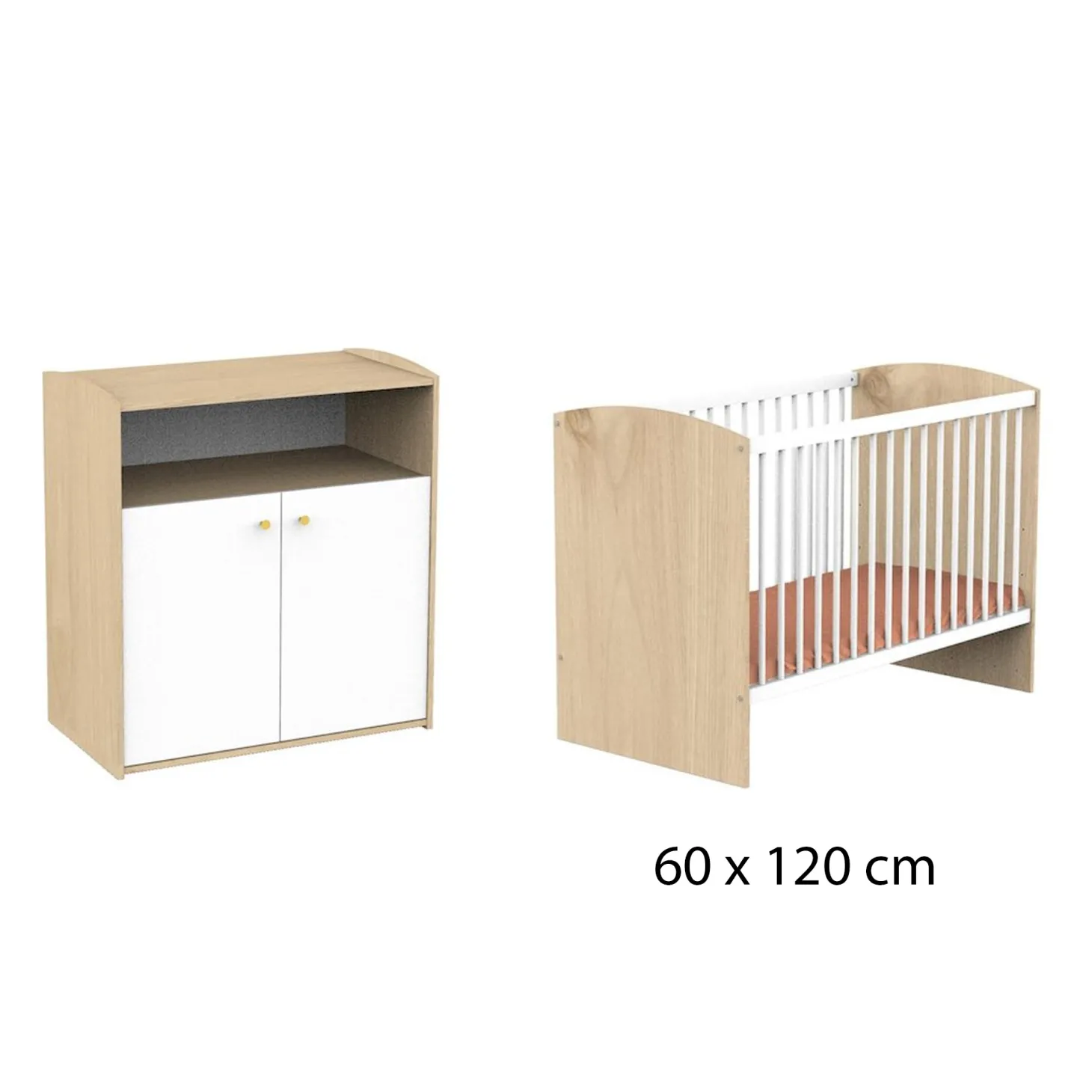 Chambre bébé duo Alice : Lit bébé 60x120 cm Blanc, Commode 2 Portes Blanches 1 Niche de Sauthon