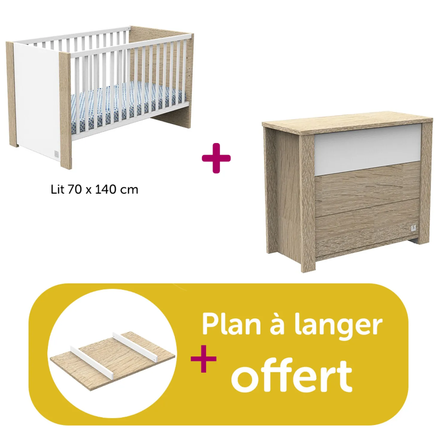 Chambre bébé duo Antonin: lit 70x140, commode, plan à langer offert de Sauthon