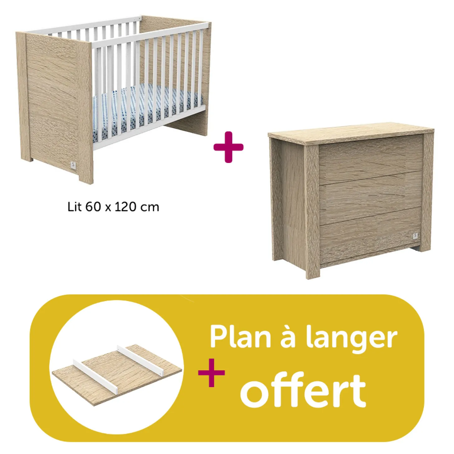 Chambre bébé duo Antonin : lit 60x120, commode, plan à langer offert de Sauthon