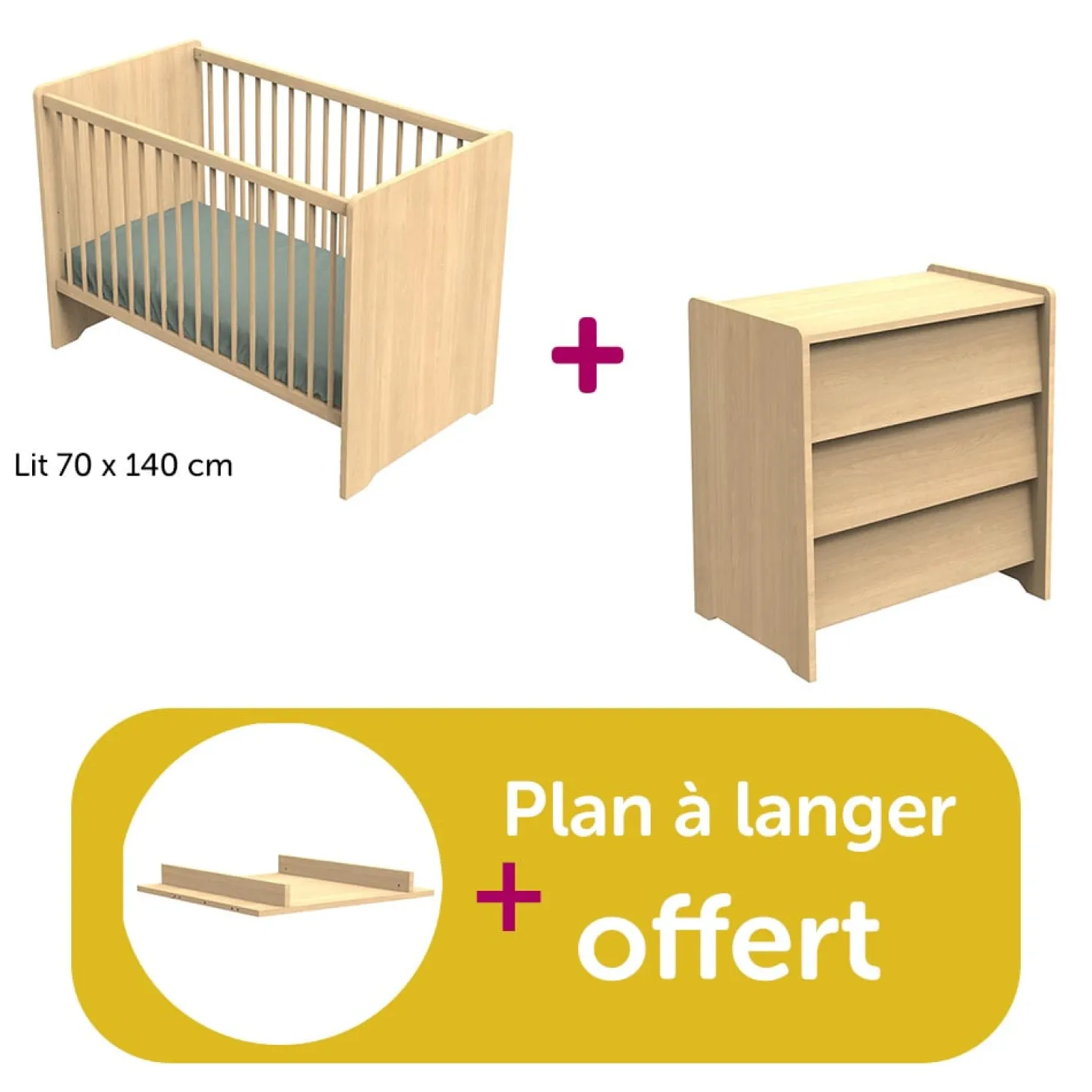 Chambre bébé duo Cannelle Chêne Miel: lit 140x70 , commode, plan à langer offert de Sauthon
