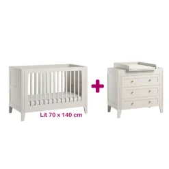 Chambre bébé duo Milenne : Lit blanc 70x140, commode, plan à langer                             de Vox