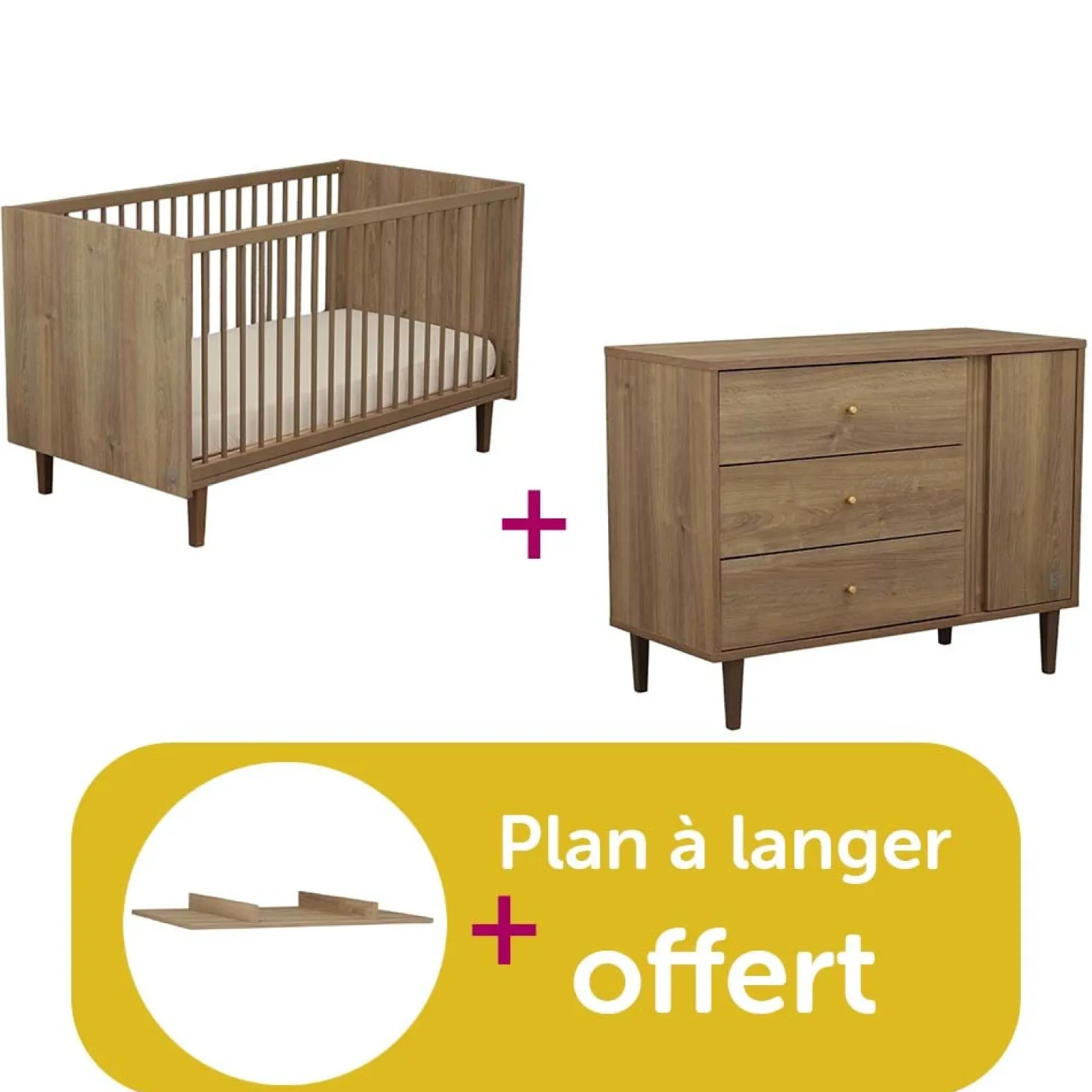 Chambre bébé duo Mokka : Lit little big bed 70x140 Commode 3 tiroirs 1 porte,Dispositif à langer offert de Sauthon