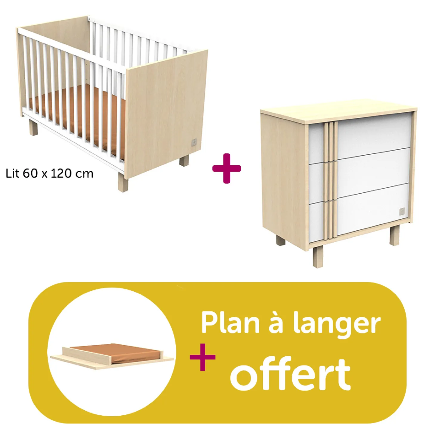 Chambre bébé duo Nature : lit 120x60 commode, plan offert de Sauthon