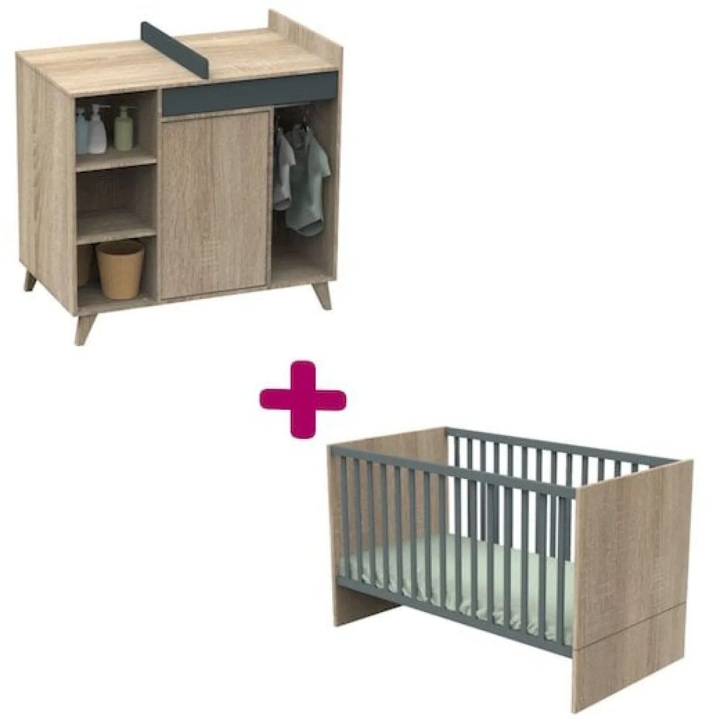 Chambre bébé duo Nova : lit 70x140, commode à langer évolutive de Sauthon