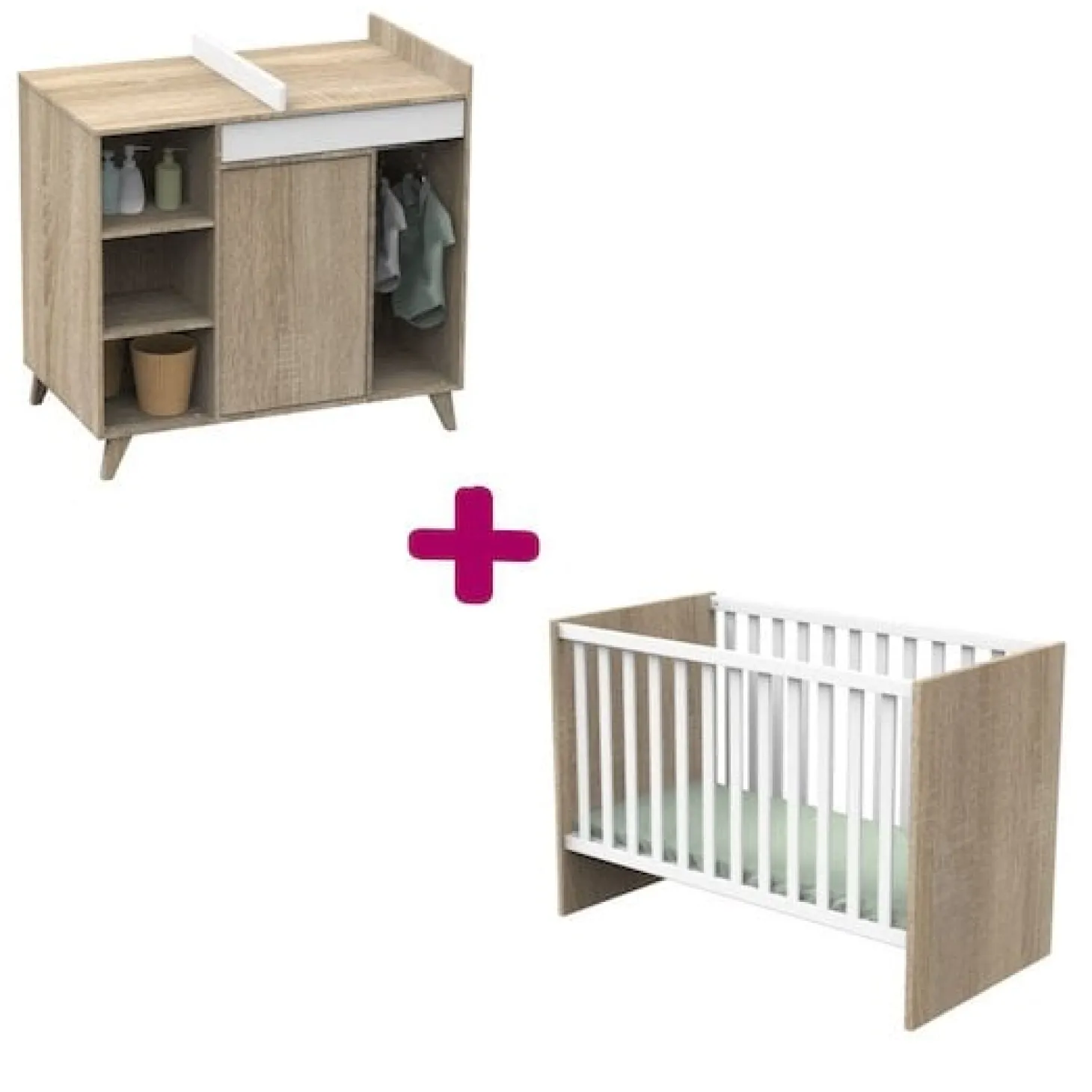 Chambre bébé duo Nova : lit 60x120, commode à langer évolutive de Sauthon