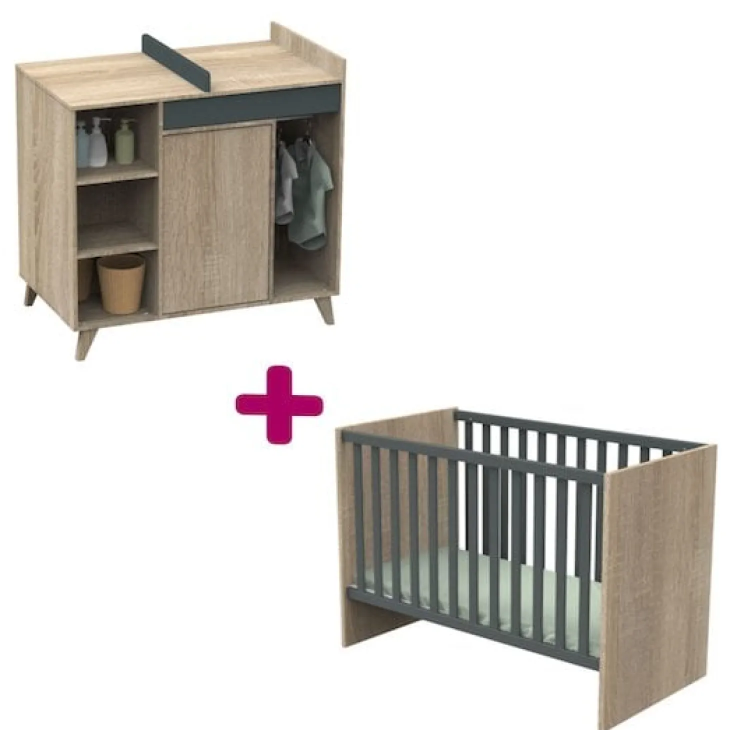 Chambre bébé duo Nova : lit 60x120, commode à langer évolutive de Sauthon
