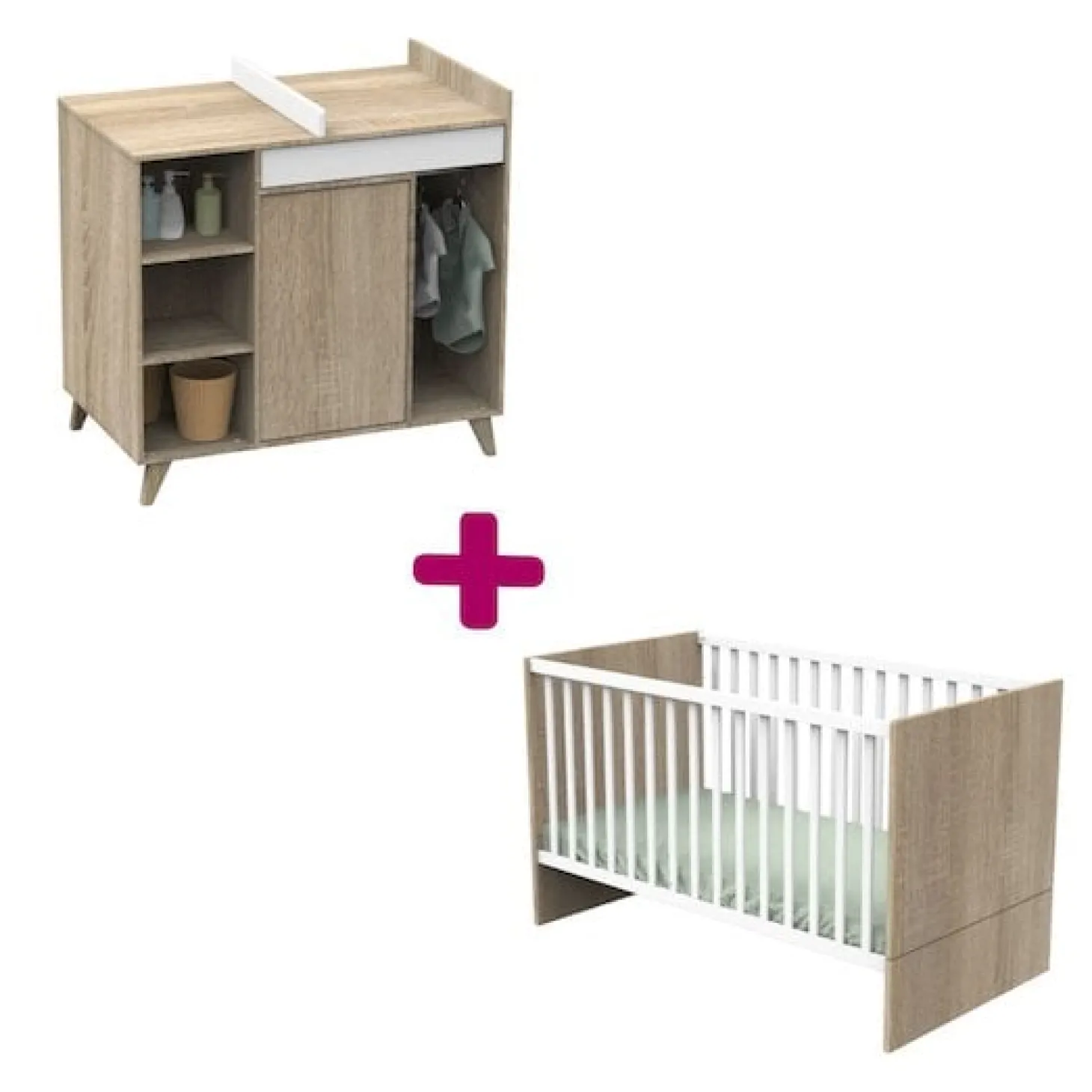 Chambre bébé duo Nova : lit 70x140, commode à langer évolutive de Sauthon