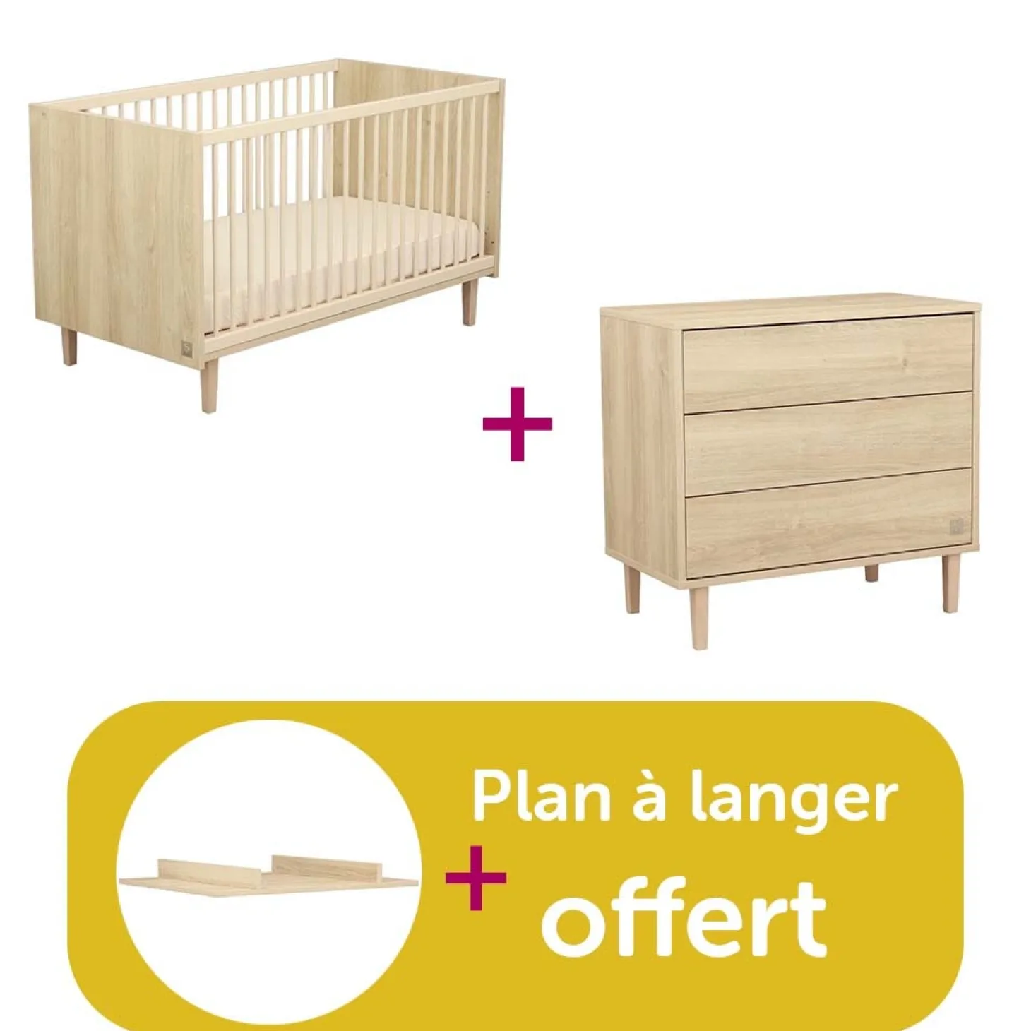 Chambre bébé duo Paloma : Lit bébé70x140 évolutif, Commode 3 tiroirs, Plan à langer bois offert de Sauthon