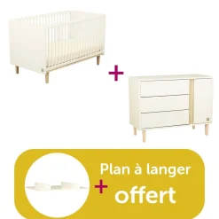 Chambre bébé duo  Paloma : Little Big Bed 140X70, Commode  3 Tiroirs 1 Porte, Dispositif A Langer Grand modèle  Blanc                             de Sauthon
