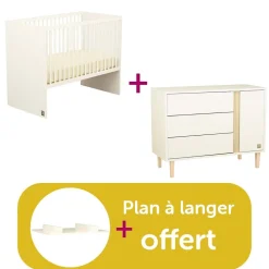 Chambre bébé duo Paloma : Lit 120 X 60  , Commode  3 Tiroirs + 1 porte, Plan à langer Grand, modèle blanc offert                             de Sauthon