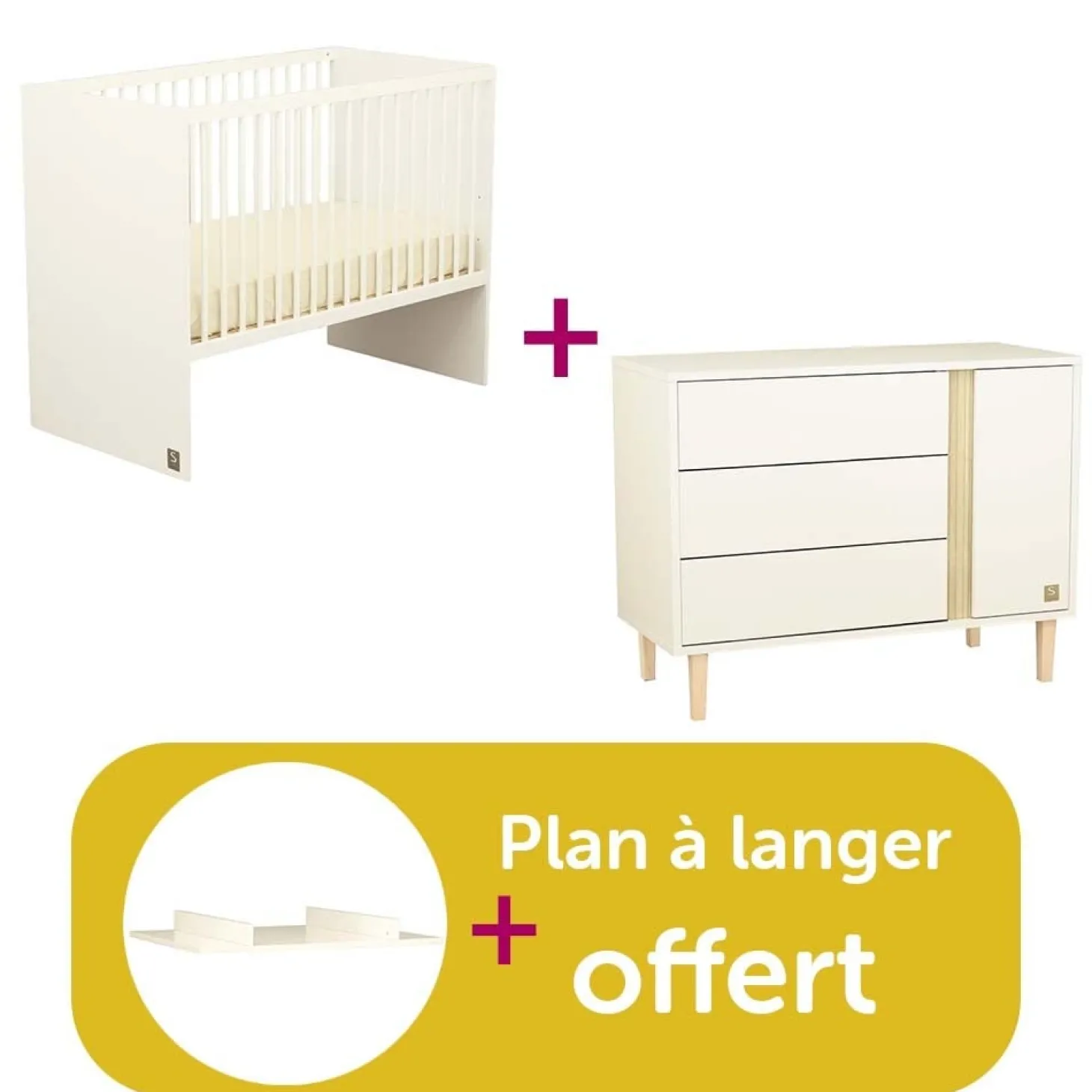 Chambre bébé duo Paloma : Lit 120 X 60 , Commode 3 Tiroirs + 1 porte, Plan à langer Grand, modèle blanc offert de Sauthon