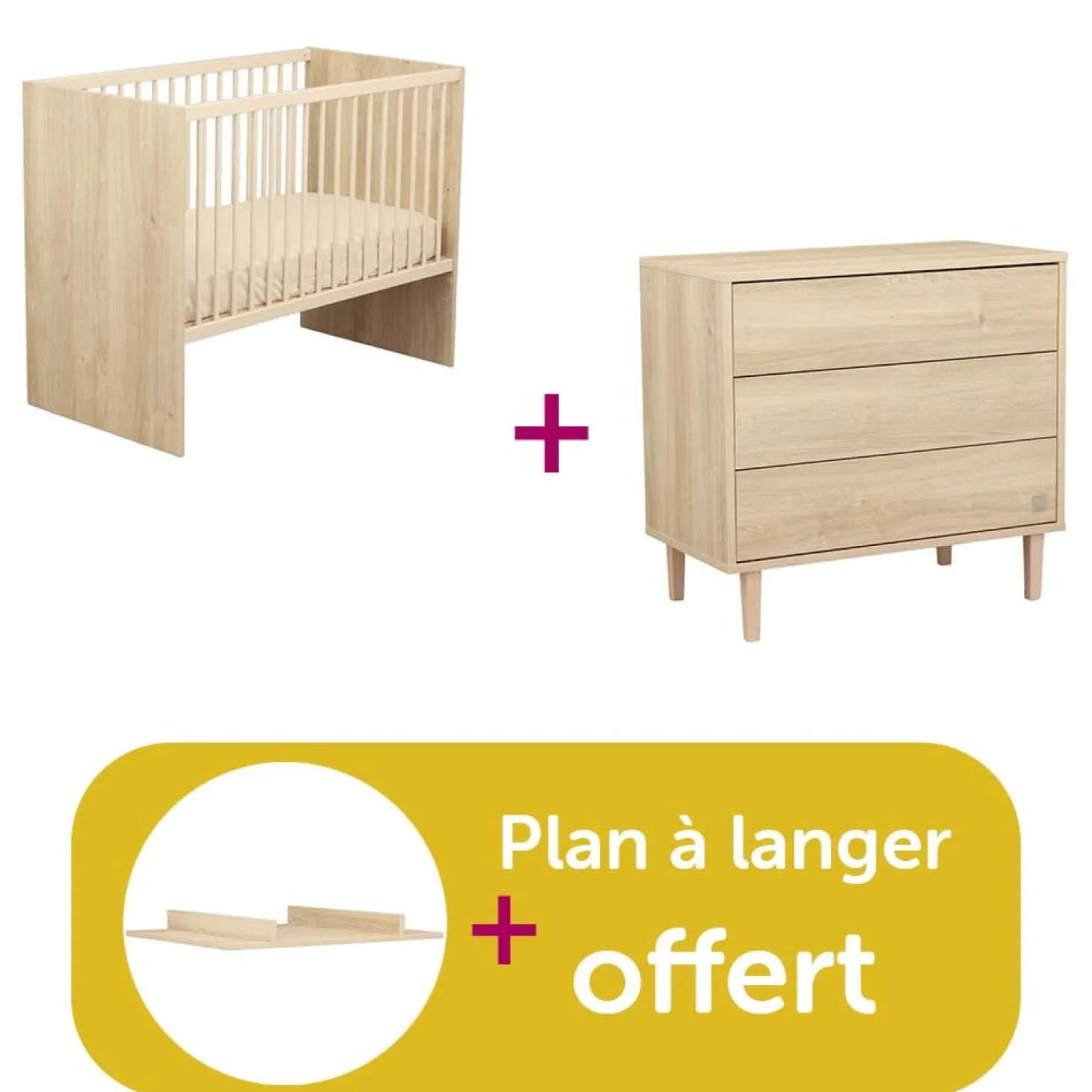 Chambre bébé duo Paloma : Lit 60x120, Commode 3 tiroirs, Plan à langer bois offert de Sauthon