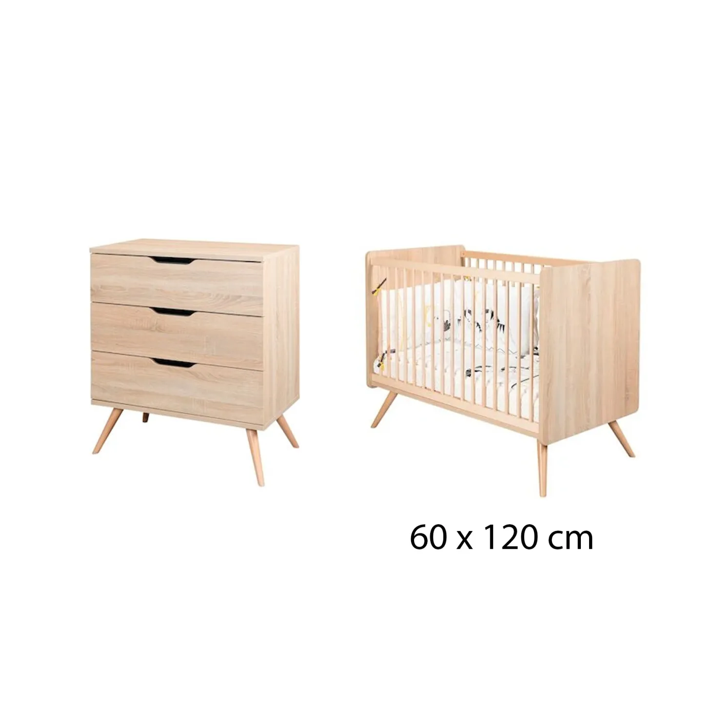 Chambre bébé duo Sixties : Lit bébé 60x120 cm Bois Chêne doré, Commode 3 Tiroirs Bois Chêne doré de Sauthon