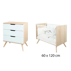 Chambre bébé duo Sixties : Lit bébé 60x120 cm Bois  Chêne doré / Blanc, Commode 3 Tiroirs                              de Sauthon
