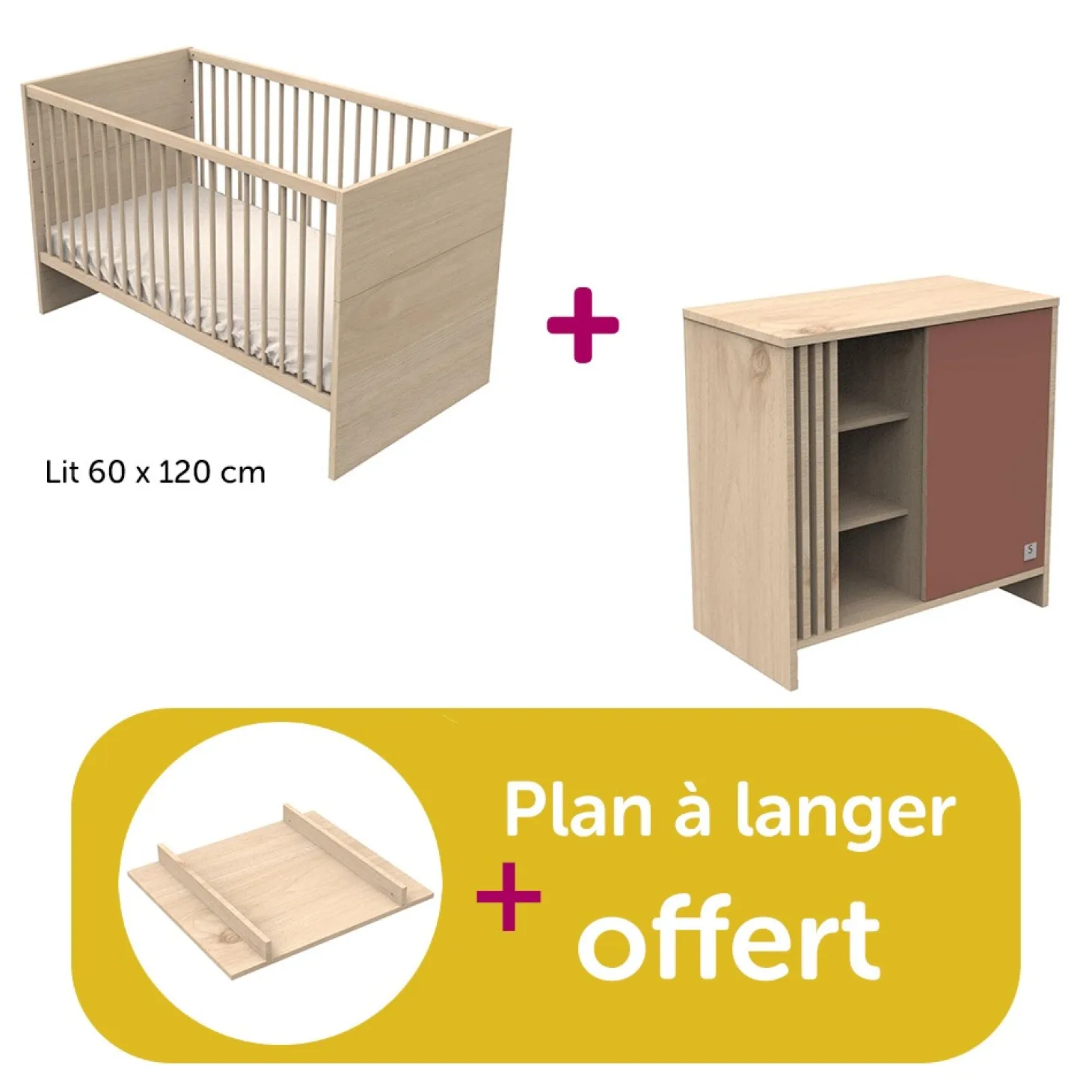 Chambre bébé duo Tokyo : lit 120x60 commode, plan offert de Sauthon