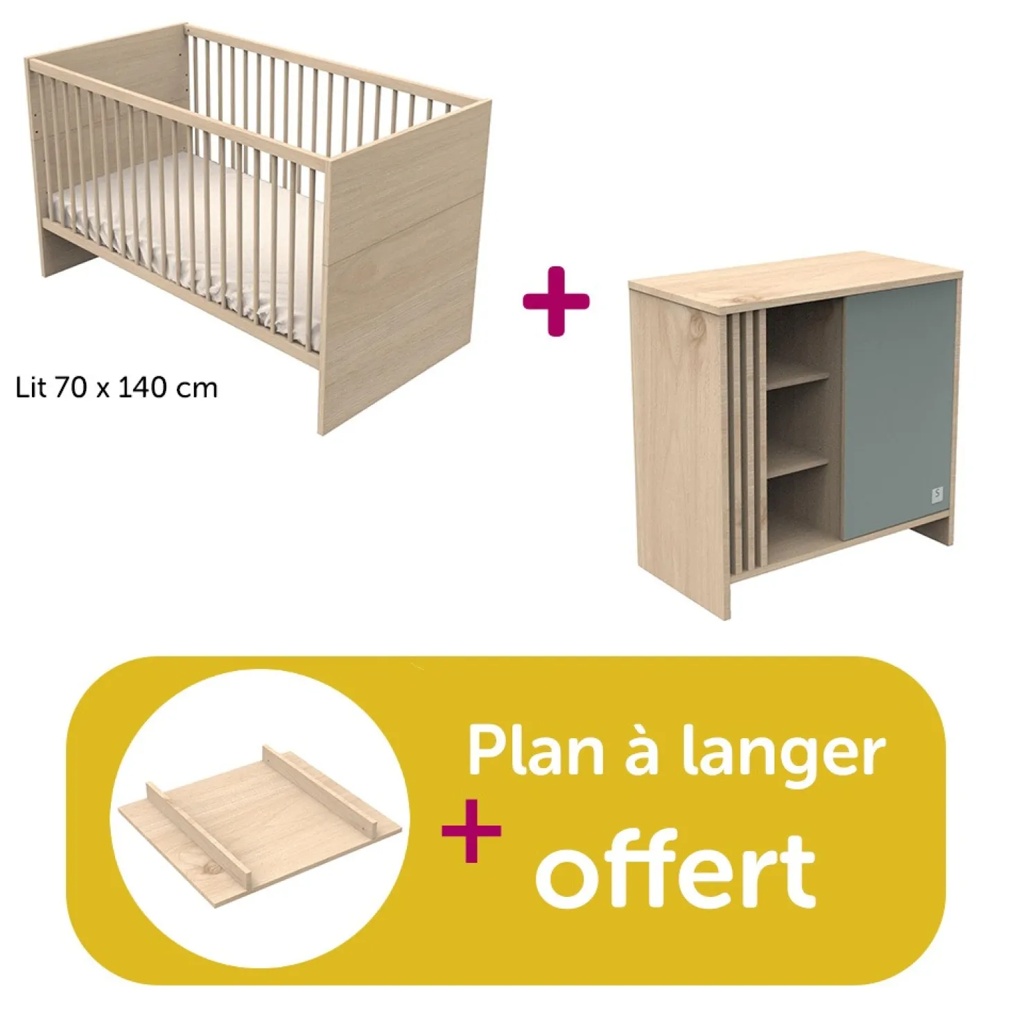 Chambre bébé duo Tokyo : lit 140x70 commode, plan offert de Sauthon