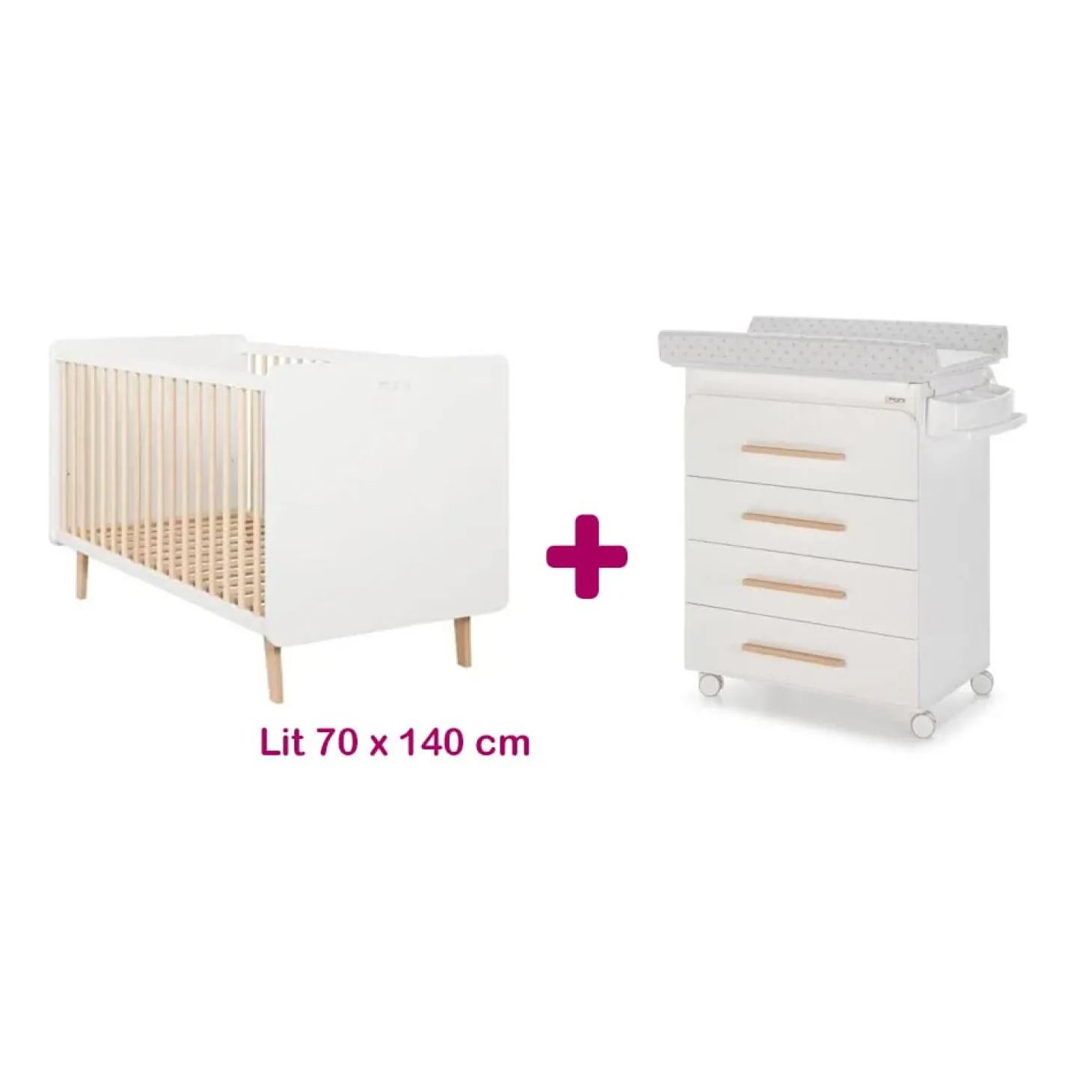 Chambre bébé duo Trevi : lit 70x140, commode à langer avec baignoire de Micuna