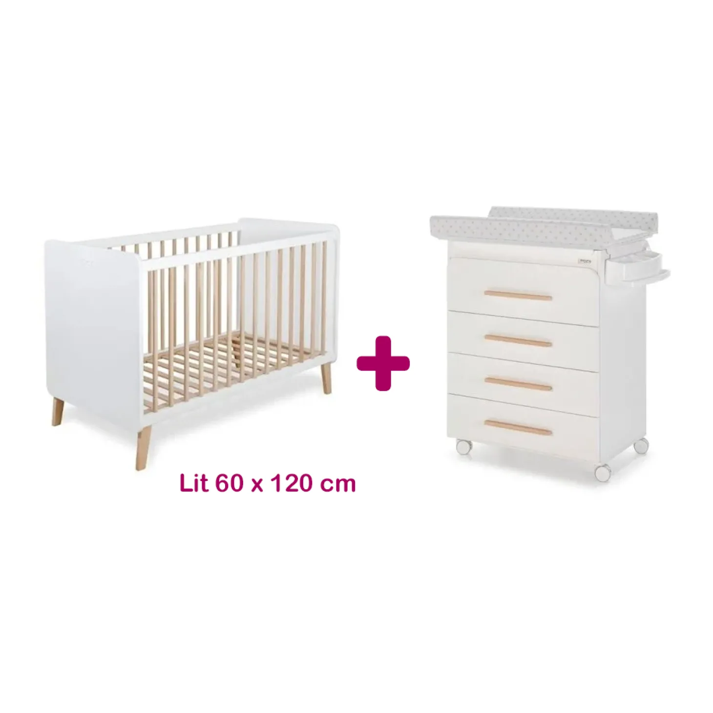 Chambre bébé duo Trevi : lit 60x120, commode à langer avec baignoire de Micuna