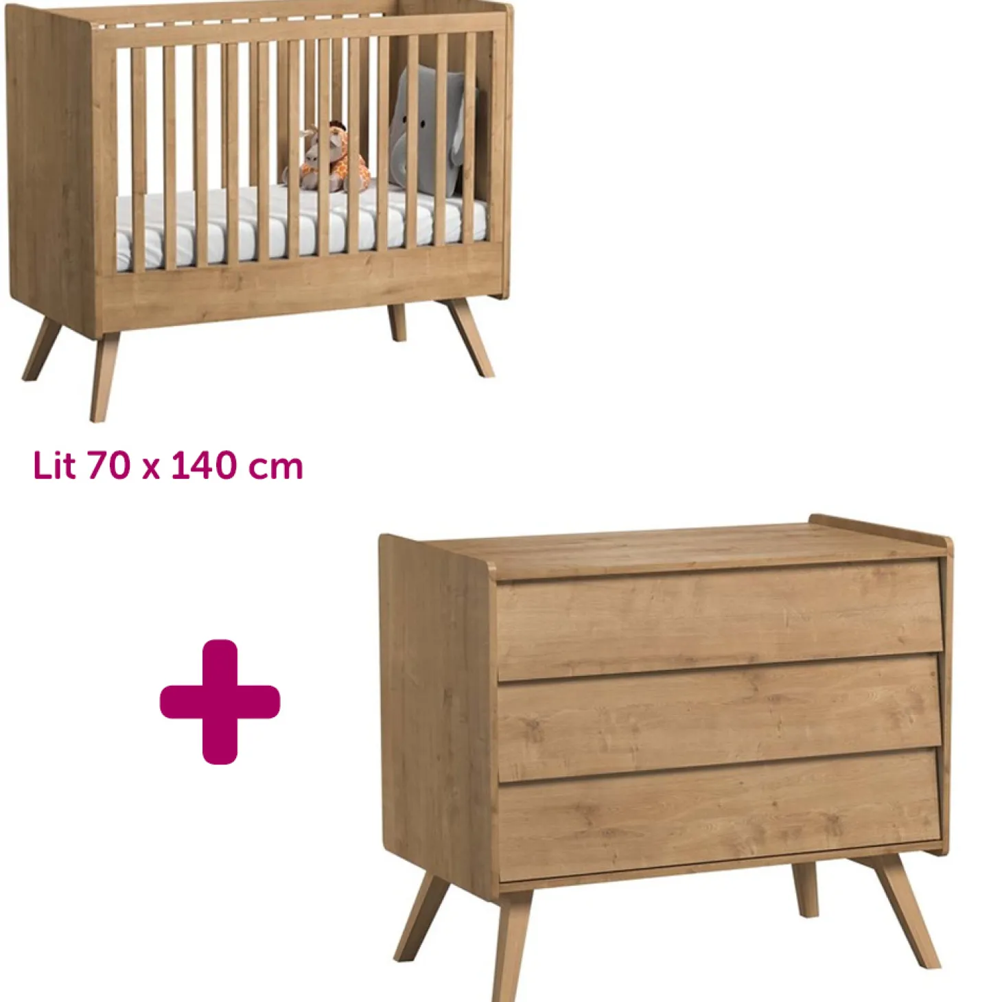 Chambre bébé duo Vintage : lit 70x140, commode de Vox