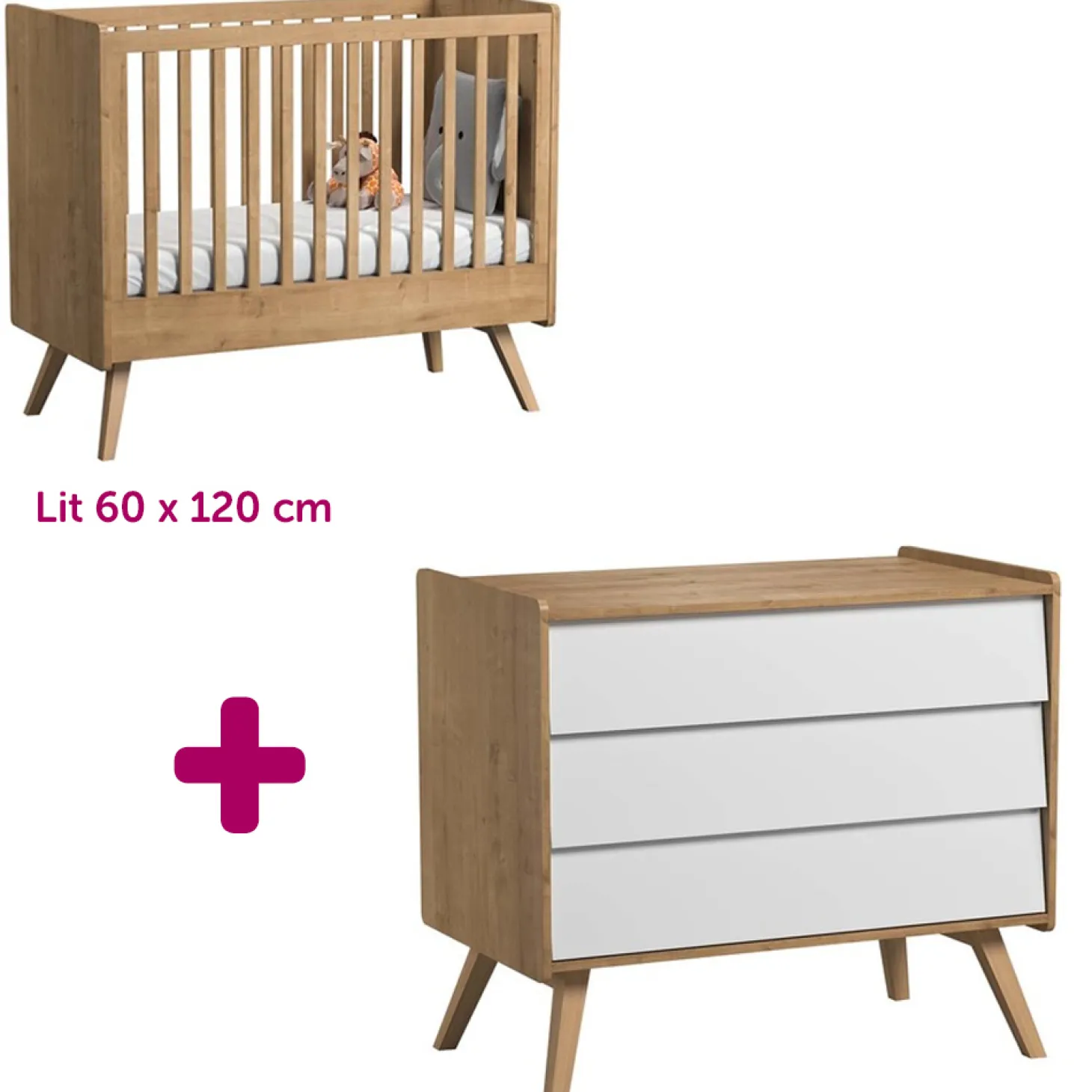 Chambre bébé duo Vintage : lit 60x120, commode de Vox