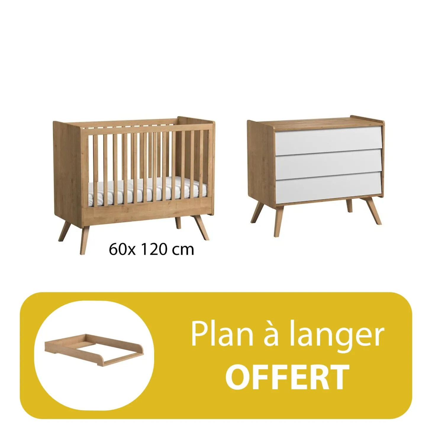 Chambre duo Vintage bois blanc lit 60x120 + plan offert de Vox