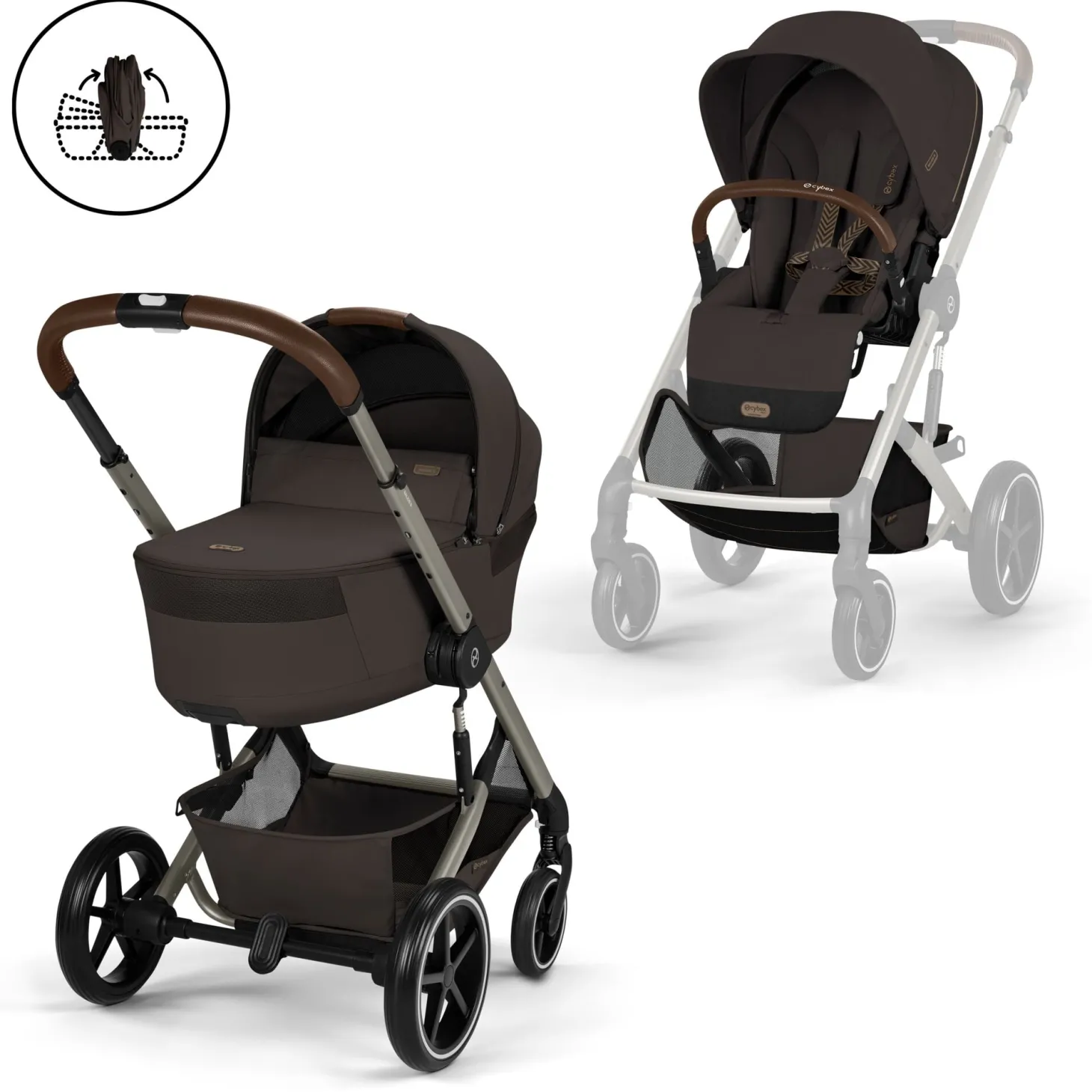 Cybex Duo Poussette Balios S Lux + Nacelle Pliable Châssis Taupe/Chocolate Brown