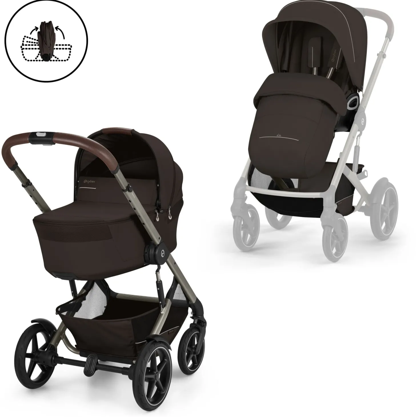 Cybex Duo poussette Talos S Lux + Nacelle pliable Châssis Taupe/Chocolate Brown