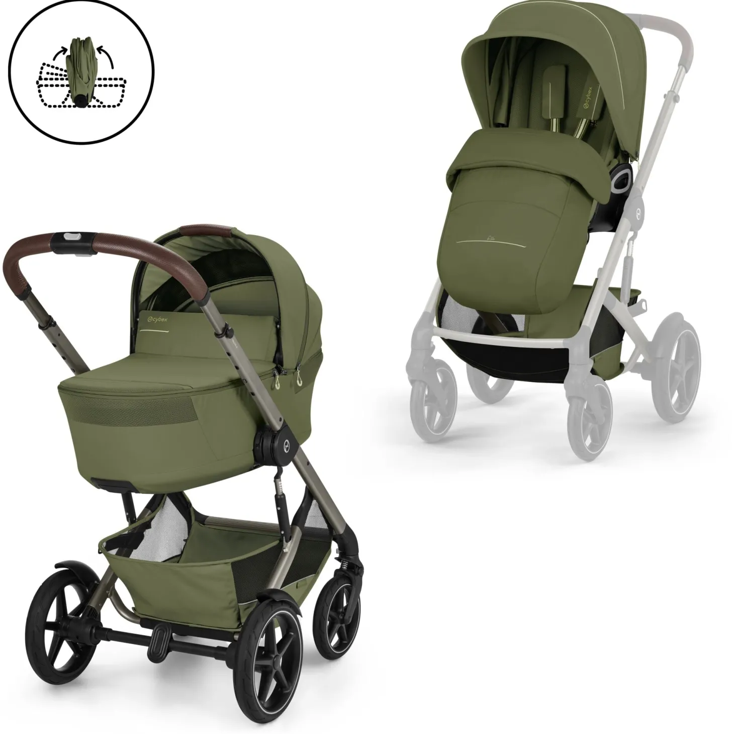 Cybex Duo poussette Talos S Lux + Nacelle pliable Châssis Taupe/Moss Green