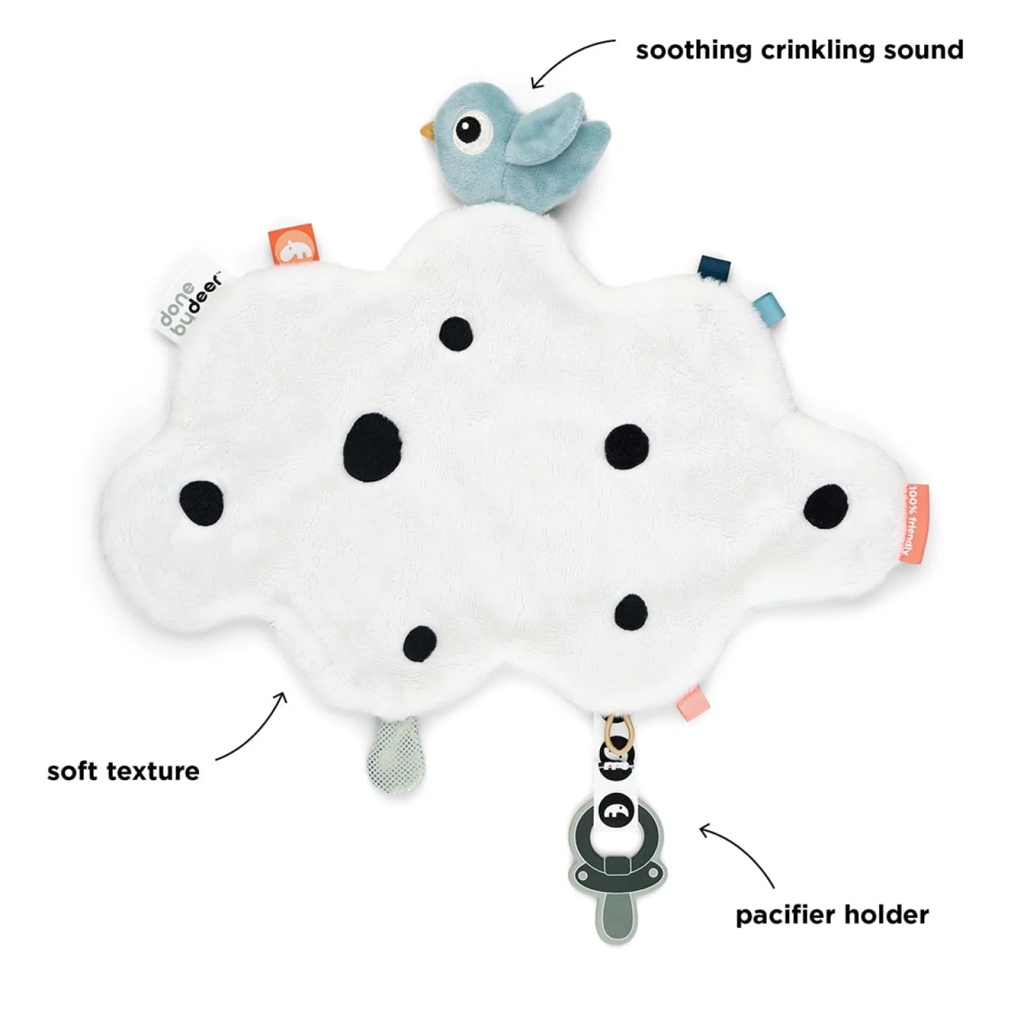 Done by Deer Doudou plat attache-sucette Happy clouds Bleu