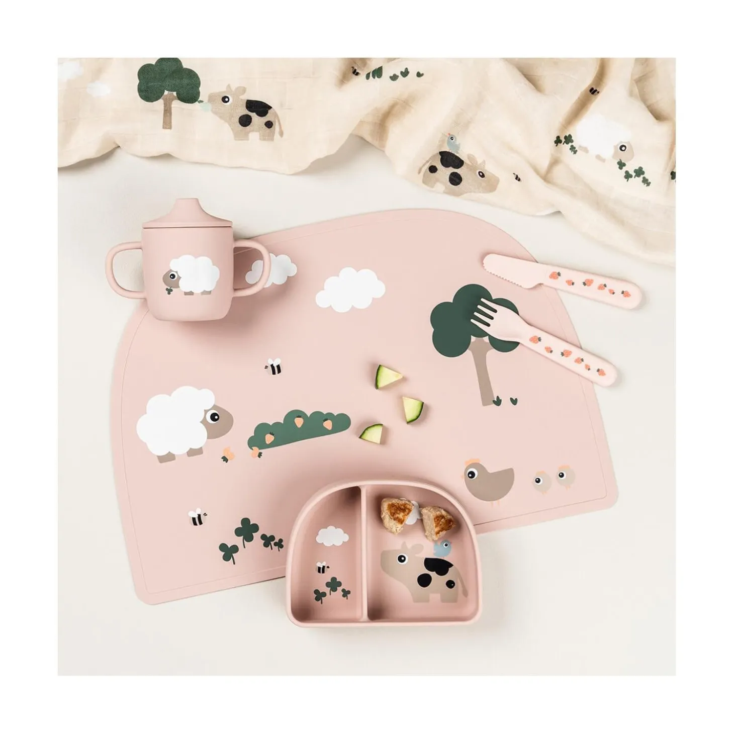 Done by Deer Tasse à bec 2 anses silicone Tiny farm Rose 120 ml