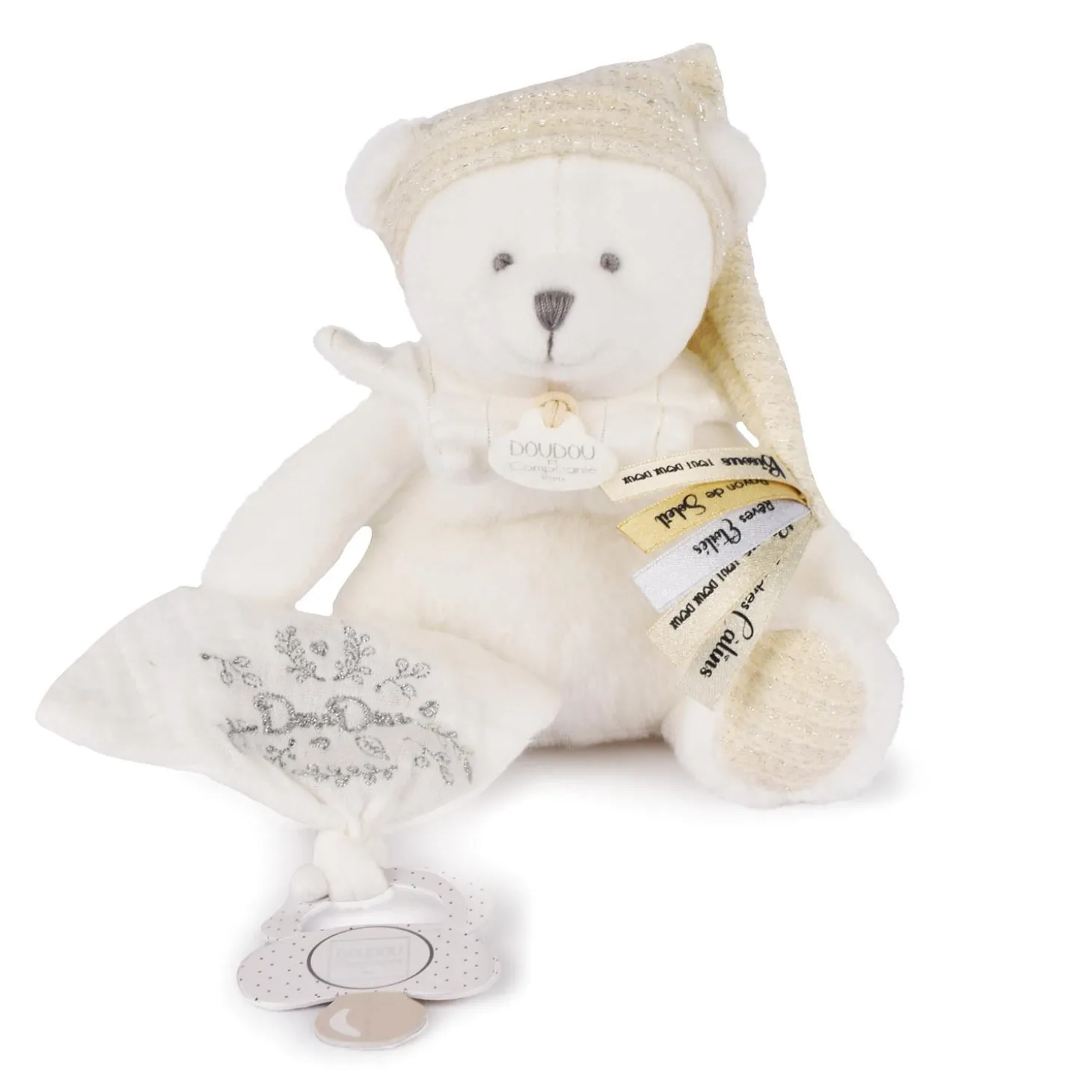 Doudou & Compagnie Doudou 25 ans ours pantin attache-sucette Blanc 20 cm
