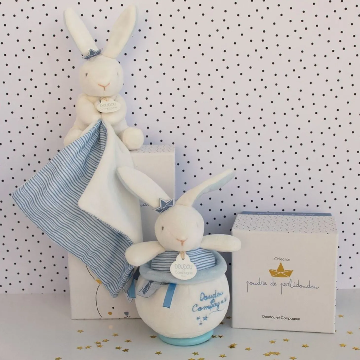 Doudou & Compagnie Lapin pantin avec mouchoir Bleu 10 cm