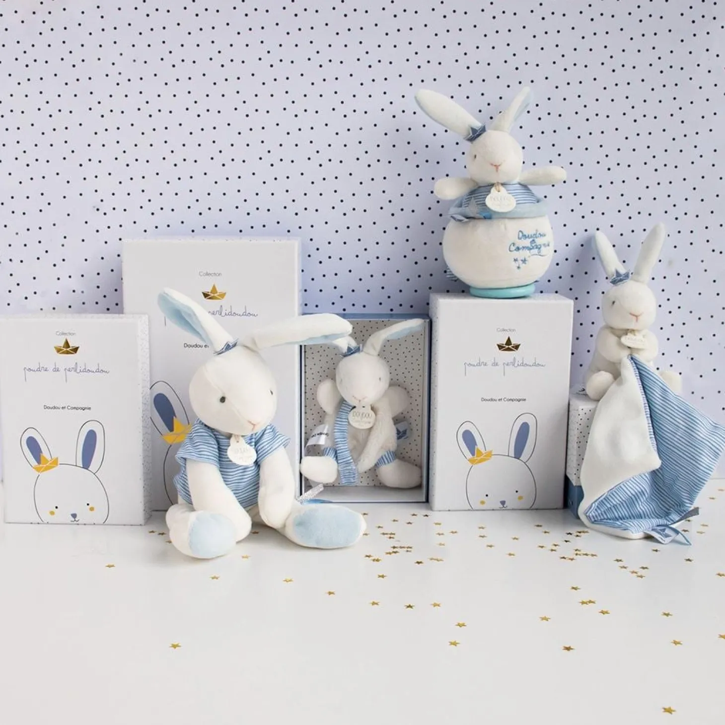 Doudou & Compagnie Lapin pantin avec mouchoir Bleu 10 cm