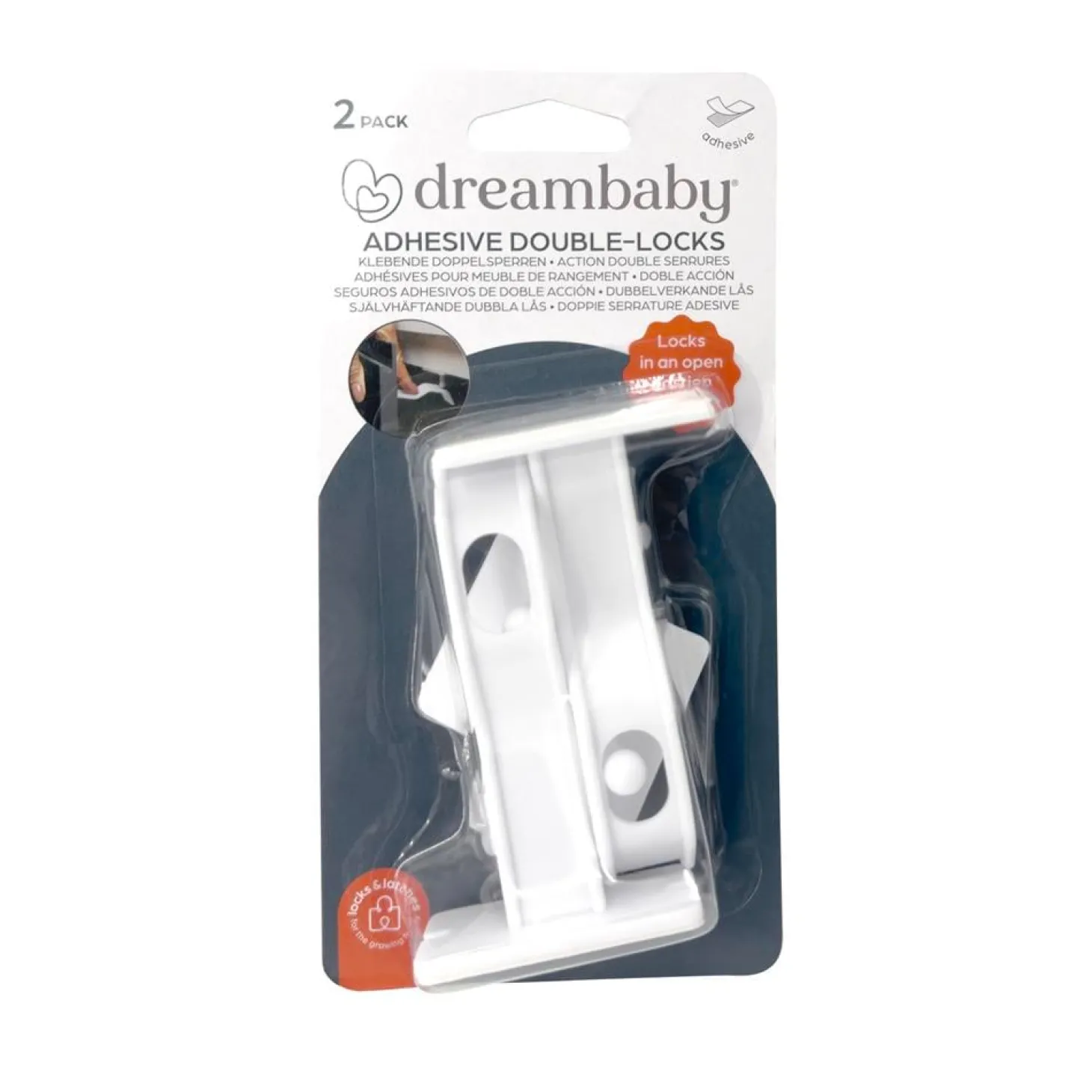 Dreambaby Double-serrure adhésive pour armoire Pack 2pcs Blanc
