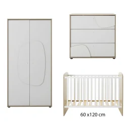 Galipette                    Trio Lit + Commode 3 tiroirs + Armoire 2 portes Basile    Châtaignier Naturel            60x120 cm
