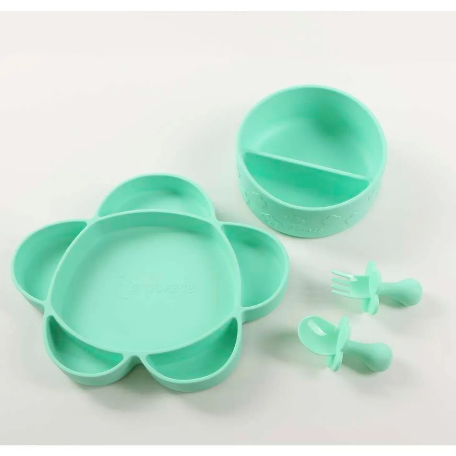 Grabease Coffret repas 4 pièces en silicone avec ventouse Vert Clair 6 mois+