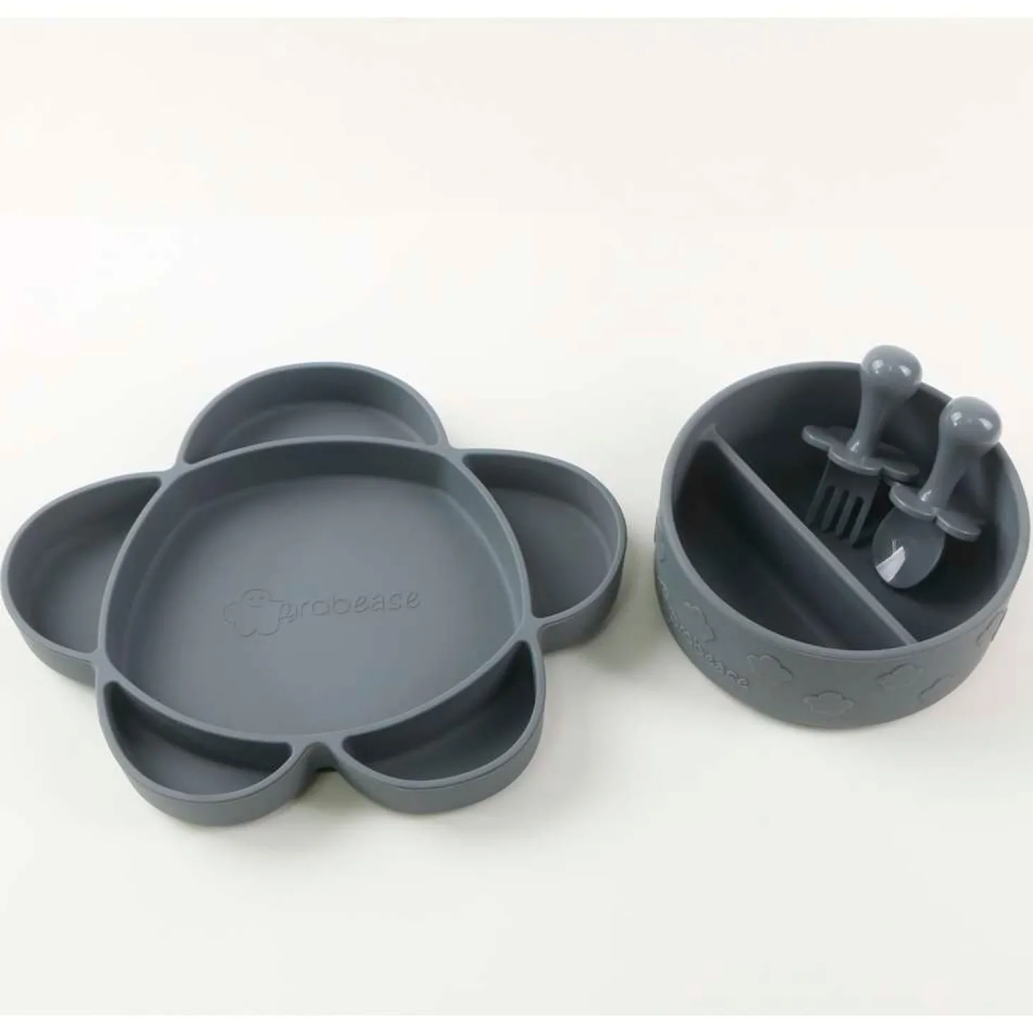 Grabease Coffret repas 4 pièces en silicone avec ventouse Gris 6 mois+