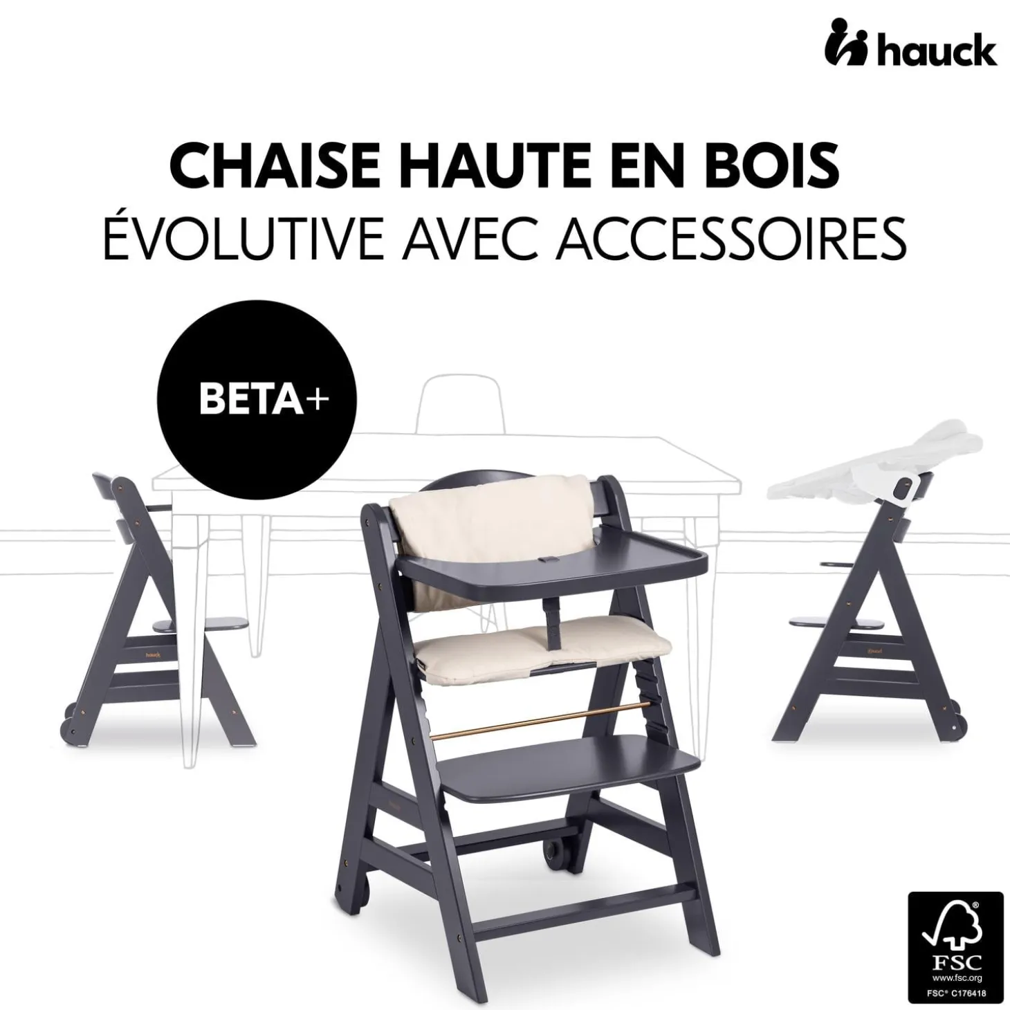 Hauck Chaise haute en bois Beta+ Dark Grey