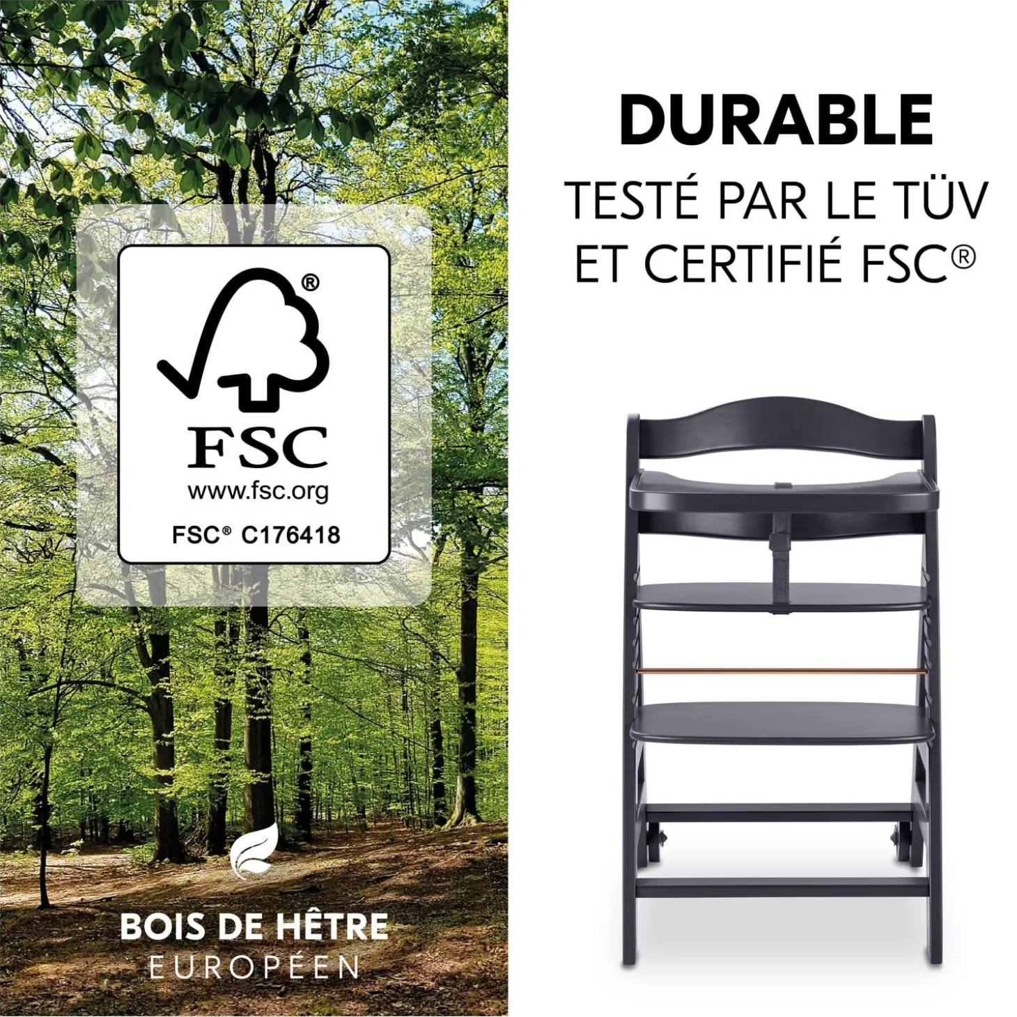 Hauck Chaise haute en bois Beta+ Dark Grey