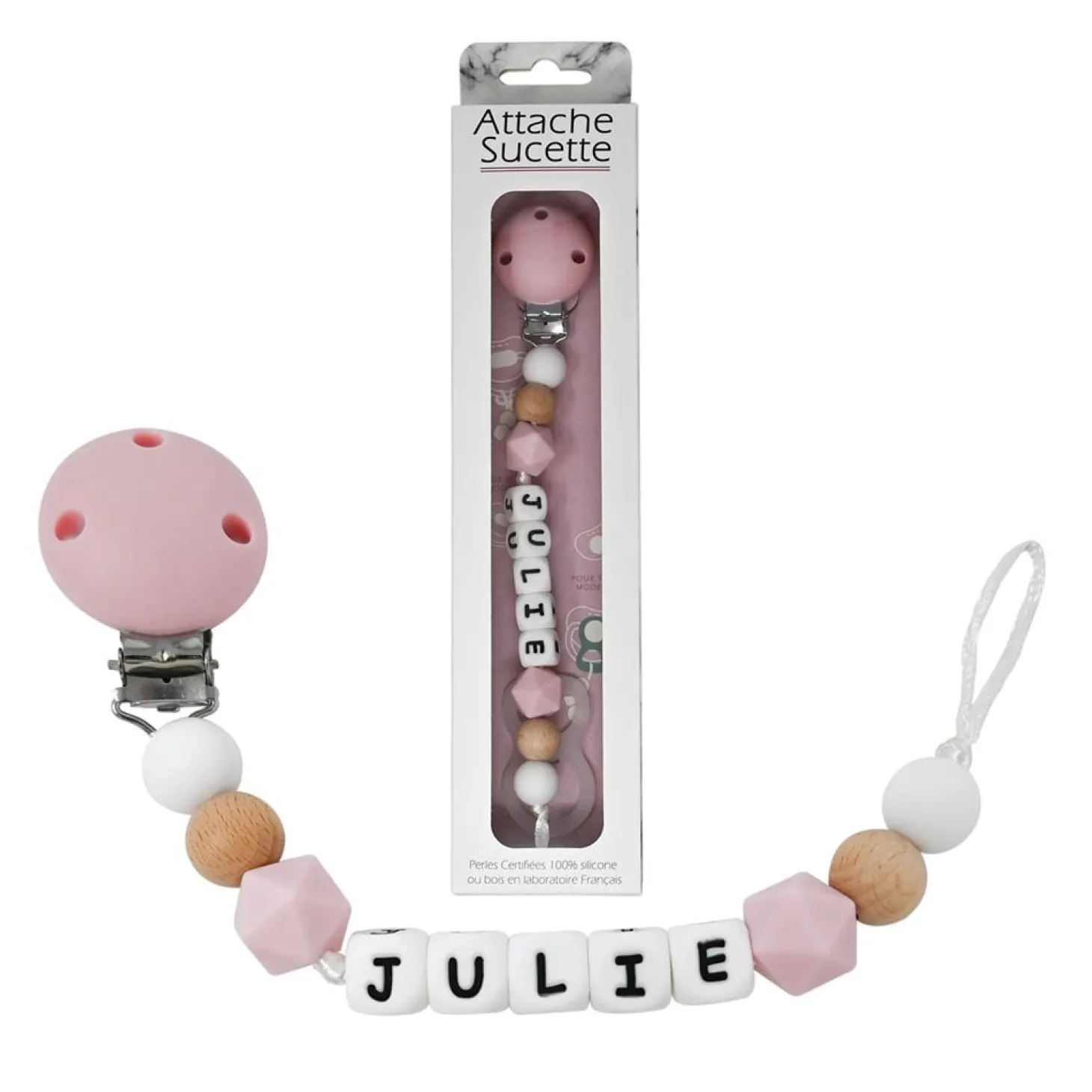 Irréversible Bijoux Attache-sucette silicone personnalisable bois et rose 22 cm