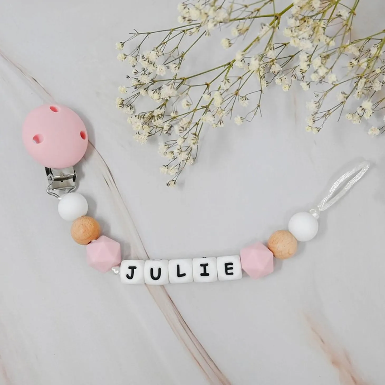 Irréversible Bijoux Attache-sucette silicone personnalisable bois et rose 22 cm