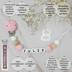 Irréversible Bijoux Attache-sucette silicone personnalisable bois et rose 22 cm